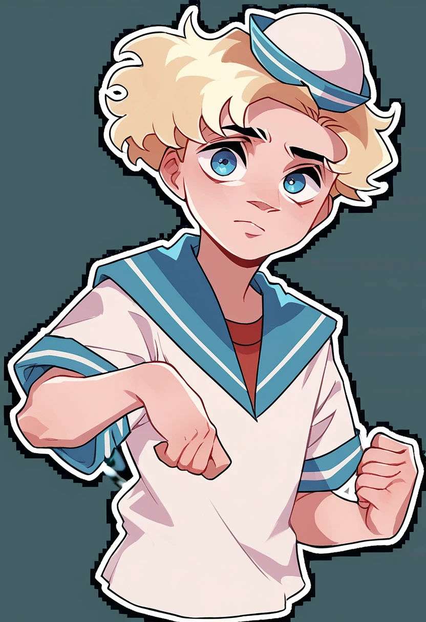 score_9, score_8_up, score_7_up, 1boy, blonde hair, blue eyes, blue sailor collar, sailor hat, shirt, short hair, solo, looking at viewer, white background, white shirt, <lora:Sailor_VladikVK_stikerÐÐ°ÑÑÐ¾Ñ_ÐÐ»Ð°Ð´Ð¸Ðº:1>