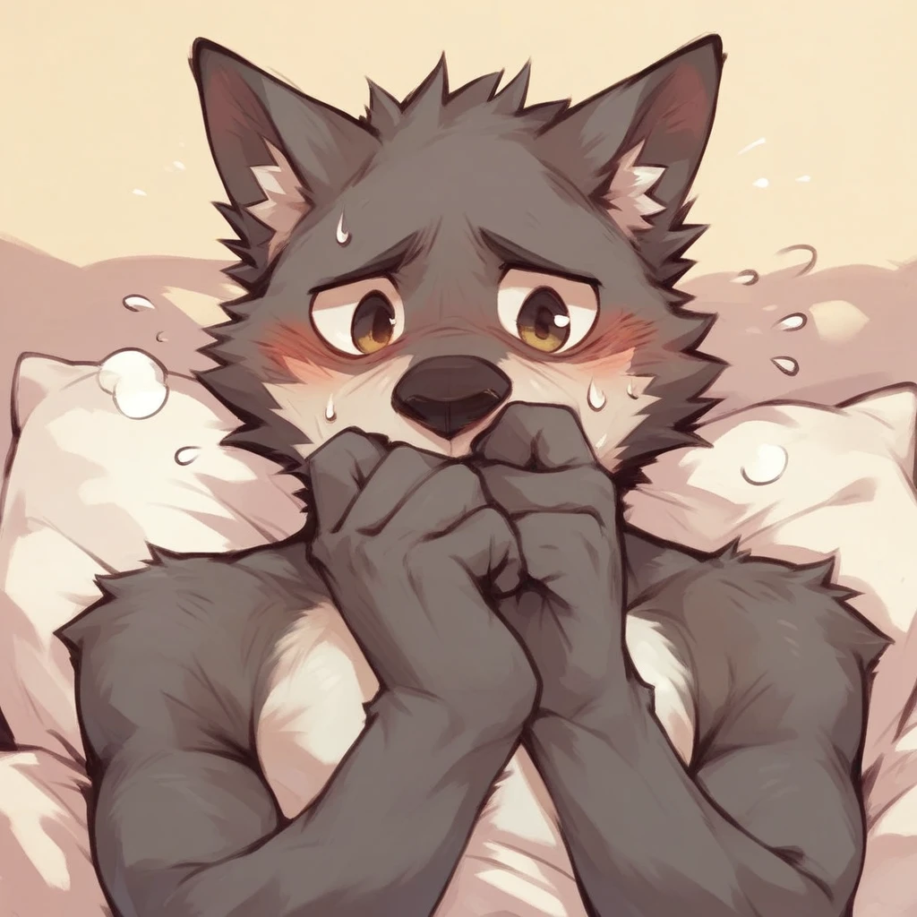 score_9_up, score_8_up, score_7_up, source_furry, furry, Flunky, 1boy, solo, blush, shy, bedroom