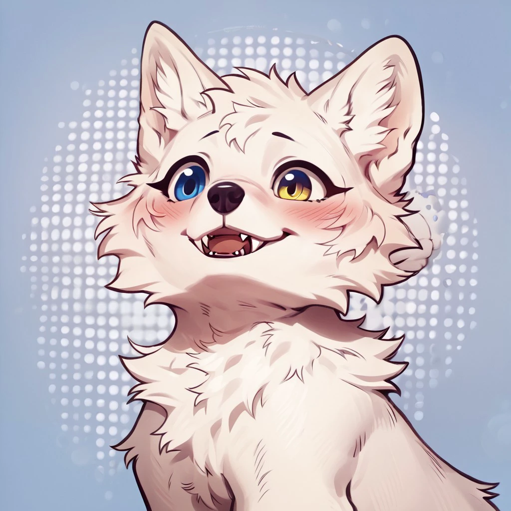 score_9, score_8_up, score_7_up, score_6_up, score_5_up, score_4_up, rating explicit, source furry BREAK,
happy, face closeup, happy puppy, face focus, side view, blushing, fluffy, solo
, detailed fur, intricate details, digital media \(artwork\), detailed background, 
chibi, cute, fangs, , lumine, canid, white fur, feral, heterochromia, feral lumine,