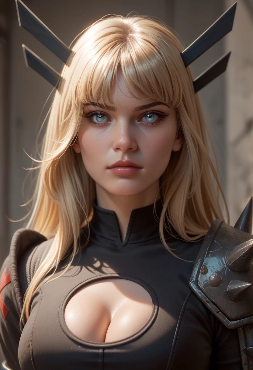 End_IllyanaRasputin_Magik, upper body, long hair, spikes, clothing cutout, cleavage, blonde hair, looking at viewer, blue eyes, large breasts, solo, lips, hair over one eye, cleavage cutout, armor, 1girl, score_9, score_8_up, score_7_up, score_6_up, score_5_up, score_4_up,