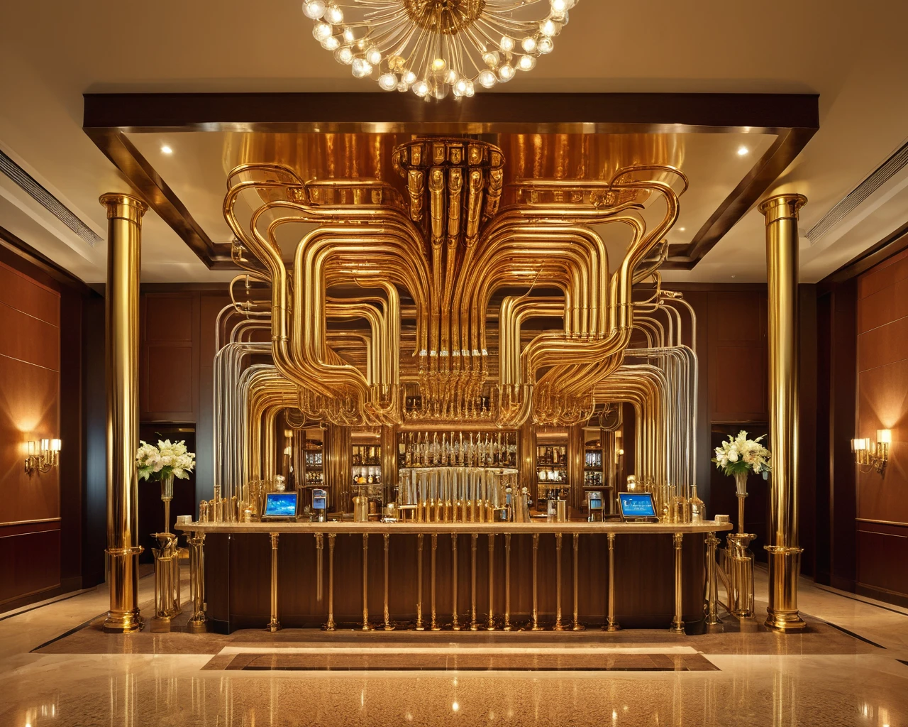 a raw photograph of a (qu4ntum style)(bar in a fancy hotel lobby),covered in (brass pipes) and (silver circuit wire),hyperrealistic,masterpiece,magazine advertisement,8K wallpaper,wide_shot,from_above,bokhe,depth of field<lora:Qu4ntumPunk_04XL-000007:0.8>