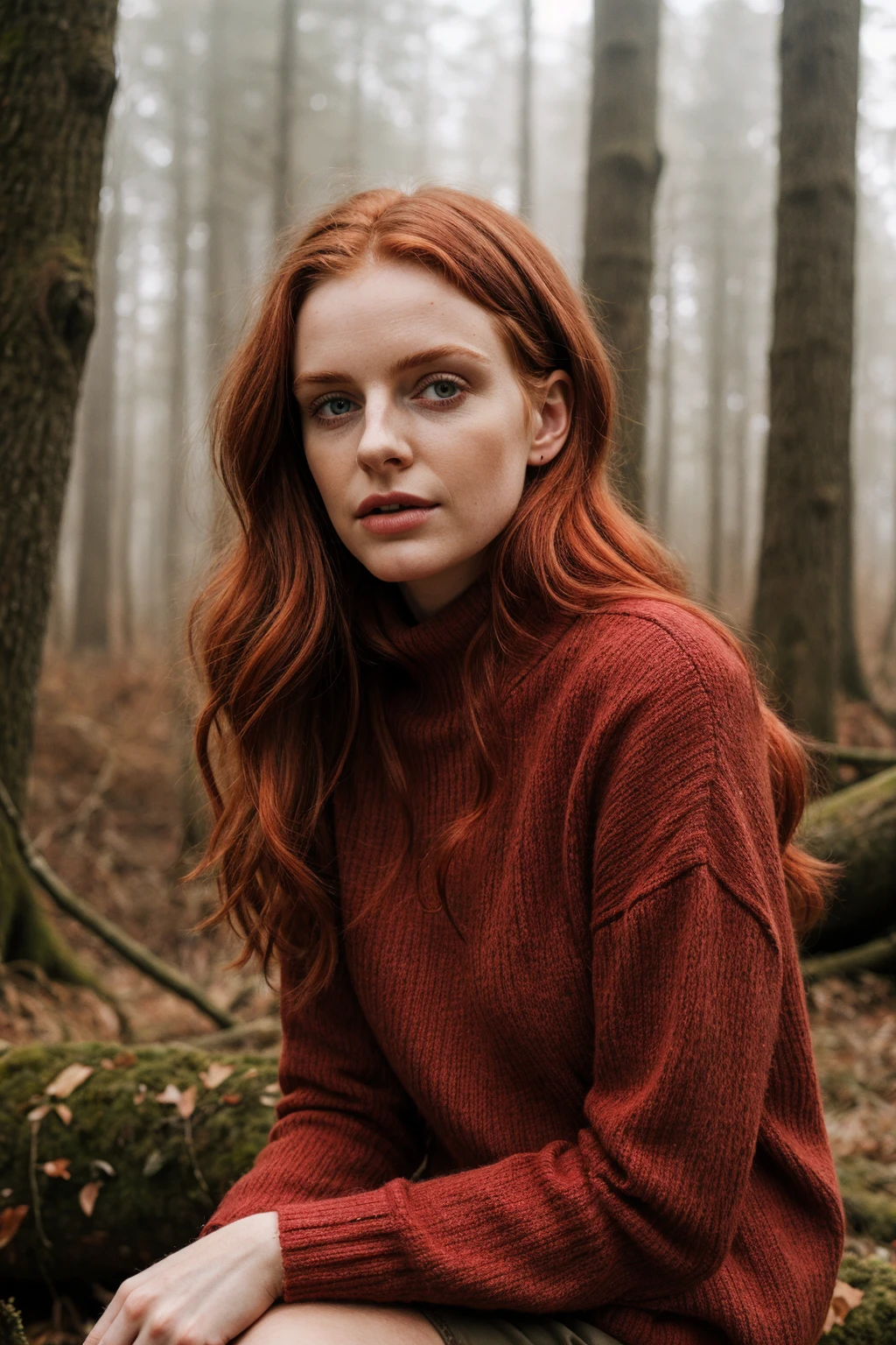 amateur cellphone photography close up of a european woman, ginger hair, winter forest, natural skin texture, 24mm, 4k textures, soft cinematic light, RAW photo, intricate, elegant, sharp focus, (cinematic look), soothing tones, low contrast, dim colors, exposure blend, hdr, faded . f8.0, samsung galaxy, noise, jpeg artefacts, poor lighting, low light, underexposed, high contrast. ((freckles))