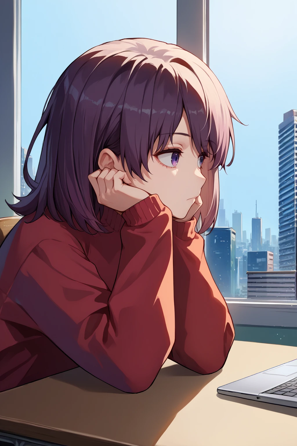 score_9, score_7_up, source_anime, from side, upper body, expressionless, pensive, hrn, medium hair, sweater, head rest, elbows on table, sitting, indoors, desk, laptop, window, skyline, <lora:Hoseki_Oregairu_HarunoYukinoshita_PDXL_v1:1>