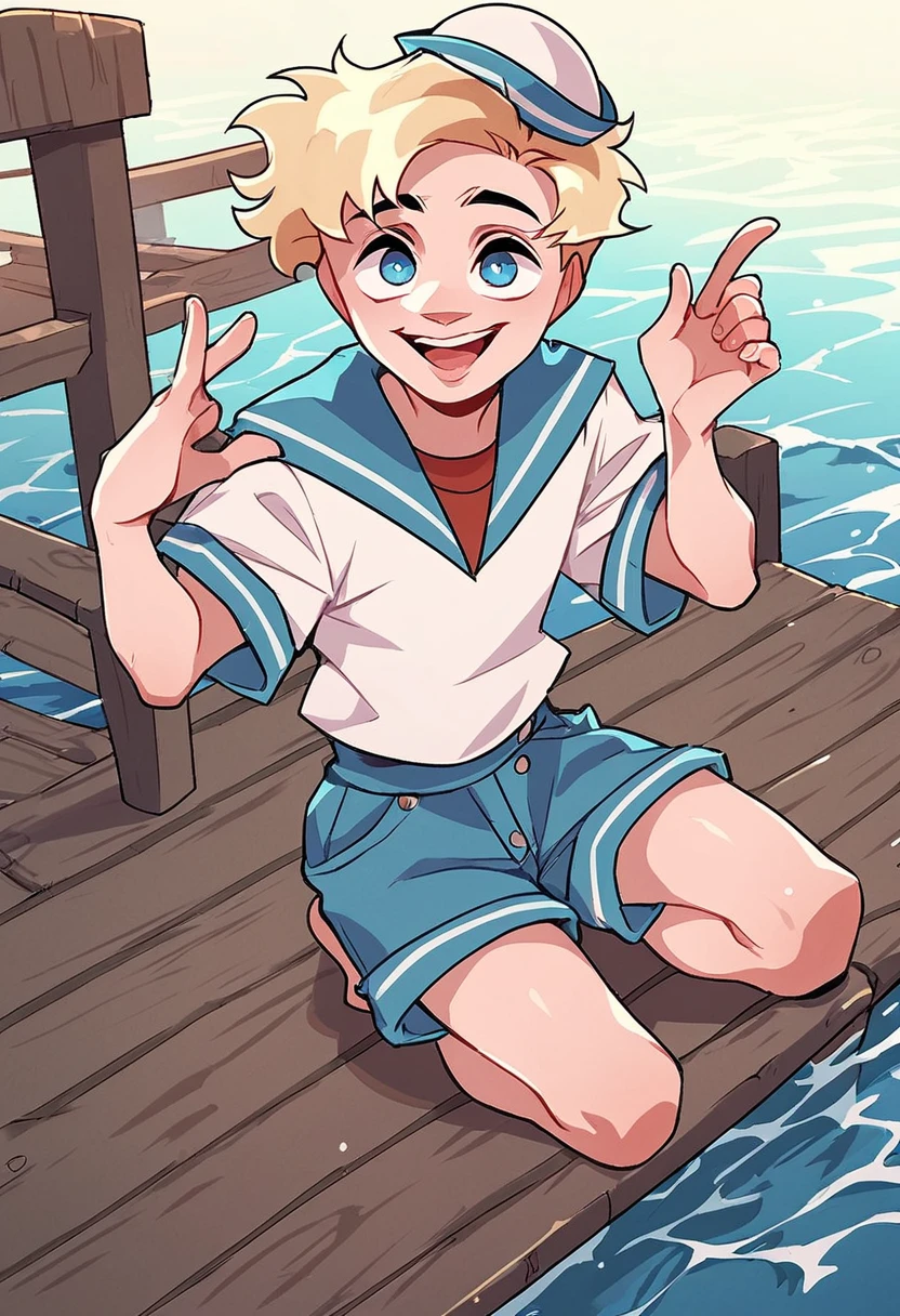 score_9, score_8_up, score_7_up, 1boy, blonde hair, blue eyes, blue sailor collar, sailor hat, shirt, short hair, solo, white shirt, blue shorts, looking at viewer, happy, pier, sea background, full body, <lora:Sailor_VladikVK_stikerÐÐ°ÑÑÐ¾Ñ_ÐÐ»Ð°Ð´Ð¸Ðº:1>