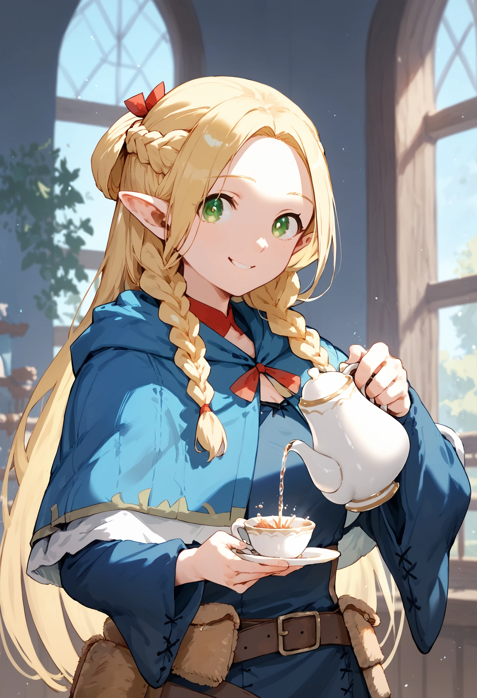 score_9, score_8_up, score_7_up, 1girl, pouring, holding cup, holding teapot, marcille, blue capelet blue robe belt, french braid twin braids, looking at viewer, smile
<lora:holding_teapot_pouring_3_final_d32:1>
<lora:falin_marcille_pony_d16:1>