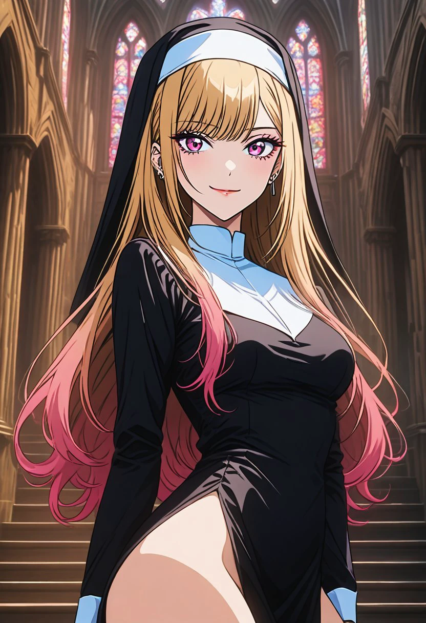 Marin Kitagawa \(Sono Bisque Doll wa Koi wo Suru\), best quality, ultra detailed, 1girl, solo, blonde hair, long braided hair, bangs, medium breasts, stare, smile,  looking at viewer, detailed background, church, vivid colours,  Expressiveh, ass,nun, no panties   <lora:Nun_suit:0.5>