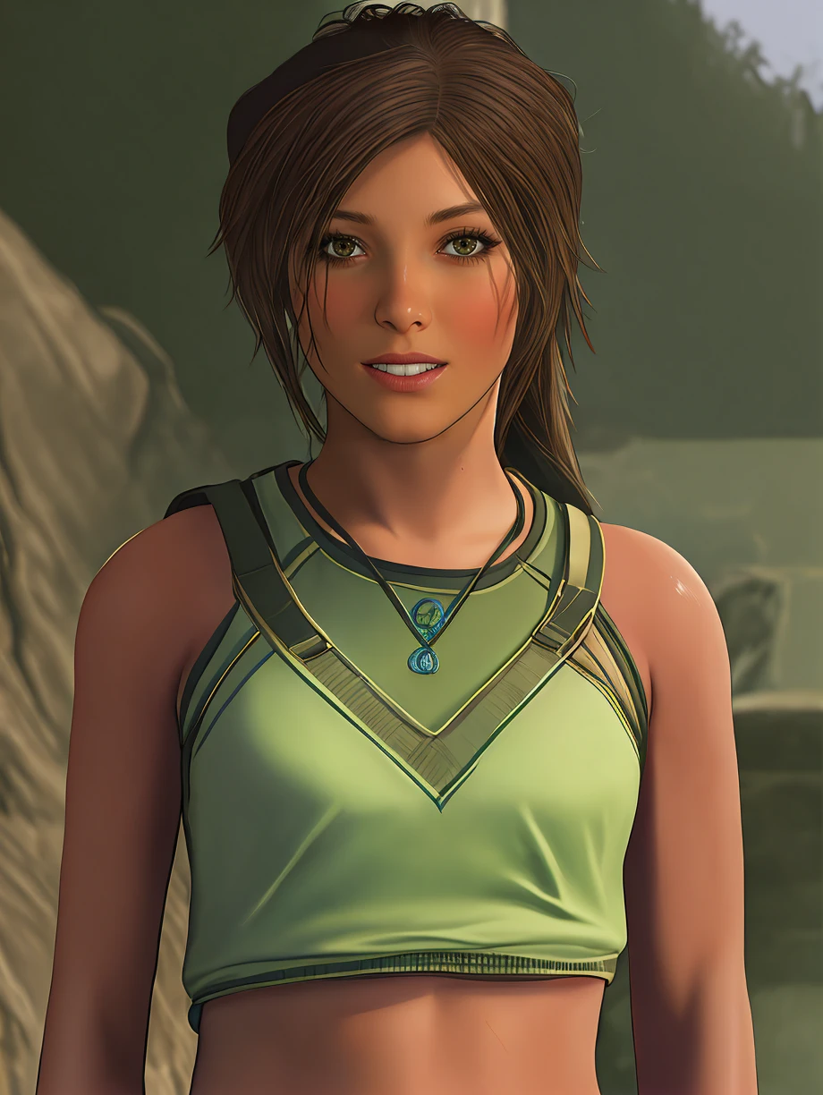 outside,evening,Lara Croft looking heroic,highly detailed tank top,hands on hips,(smiling:1.3),soft smile,highly detailed character design,cinematic lighting,detailed backgrounds,4k resolution,masterpiece digital art,
BREAK
professional model,cartoon,hires,4k,((masterpiece)),(best quality),perfect anatomy,highly detailed hair,highly detailed face,(highly detailed eyes:1.3),(good hands:1.3),detailed teeth,detailed mouth,
BREAK
score_9,score_8_up,score_7_up,score_6_up,score_5_up,score_4_up,
BREAK
looking at viewer,(eye_level_shot:1.5),
BREAK
(1girl:1.4),natural light,octane render,highly detailed,volumetric,<lora:a LC - 75by20:1>,LC_Gamer,midriff,