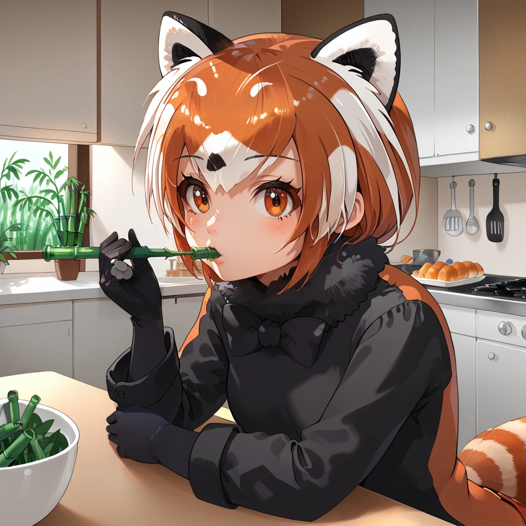 1girl,solo,<lora:rp:1>,red panda \(kemono friends\),red panda hair,red panda ears,brown eyes,red panda tail,black shirt,long sleeves,fur collar,black bowtie,fur cuffs,black gloves,black shorts,
indoors, kitchen, table, bamboo on table, sitting at table, holding bamboo, eating bamboo, looking at viewer, cowboy shot,, score_9, score_8_up, score_7_up, perfect anatomy, source_anime,