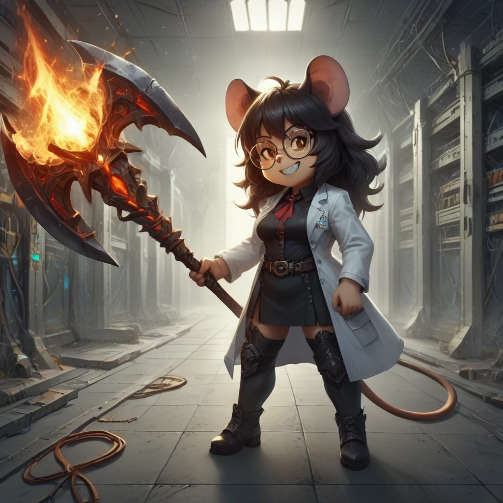 score_9, score_8_up, score_7_up,  highly detailed textures, anime style, anime, anime_screencap,  <lora:TalirlXL-pony-10:0.8>, shortstack, anthro gerbil, dark hair, brown eyes, round_eyewear, black glasses mouse ears, long mouse_tail, medium_breasts, (labcoat:1.2),  shirt, knee-length skirt, evil_grin, holding a battleaxe.  BREAK <lora:svrrm-bg-05:1.0> svrm-bg, cables, sparks <lora:Pony_Weapon_Battleaxe_-_By_HailoKnight:0.75>