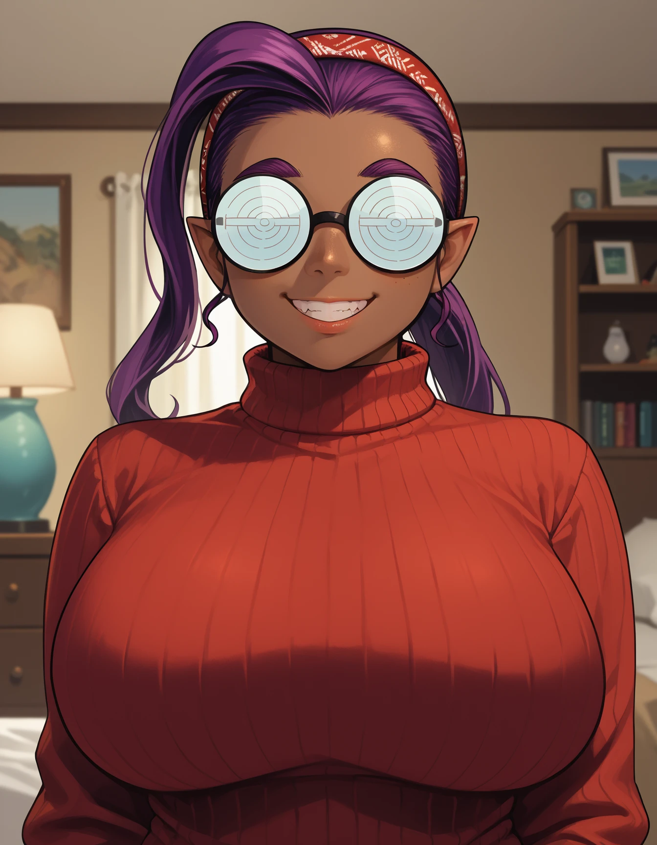 score_9, score_8_up, score_7_up,score_6_up  source_anime,medel, dark-skinned female, pointy ears, dark elf, long hair, ponytail, coke-bottle glasses, opaque glasses,hairband,purple hair,covered eyes, 
1girl,huge breasts, turtleneck sweater, grin,indoors,bedroom,upper body, 
 <lora:medesa elf-san_wa_yaserarenai-elf-san-koto-PonyXL:1>