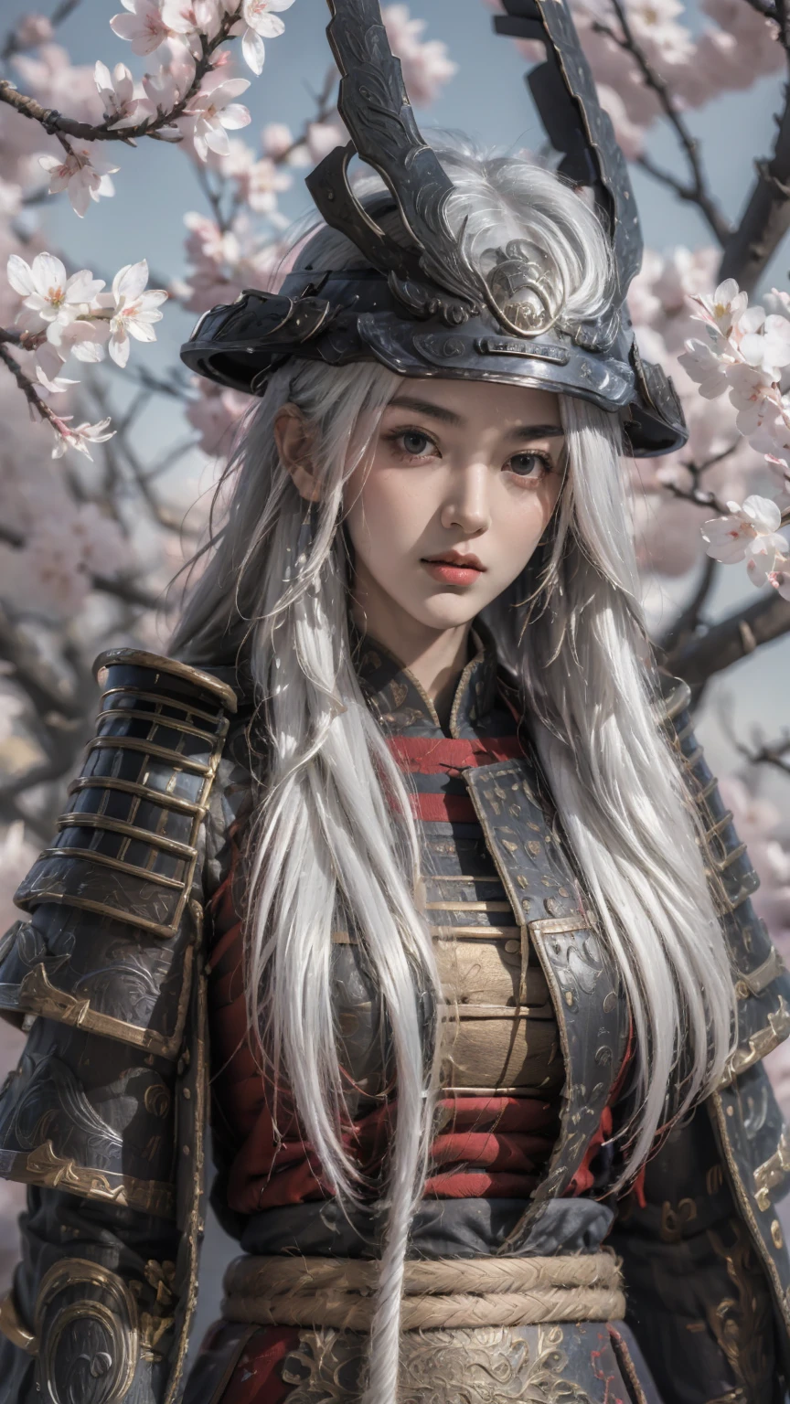 masterpiece,(bestquality),ultra-detailed,1girl,solo,lion samurai outfit,helmet,cherry blossoms,<lora:ntmix1:0.7>,<lora:Lion samurai outfit:0.7>,(white hair:1.05),