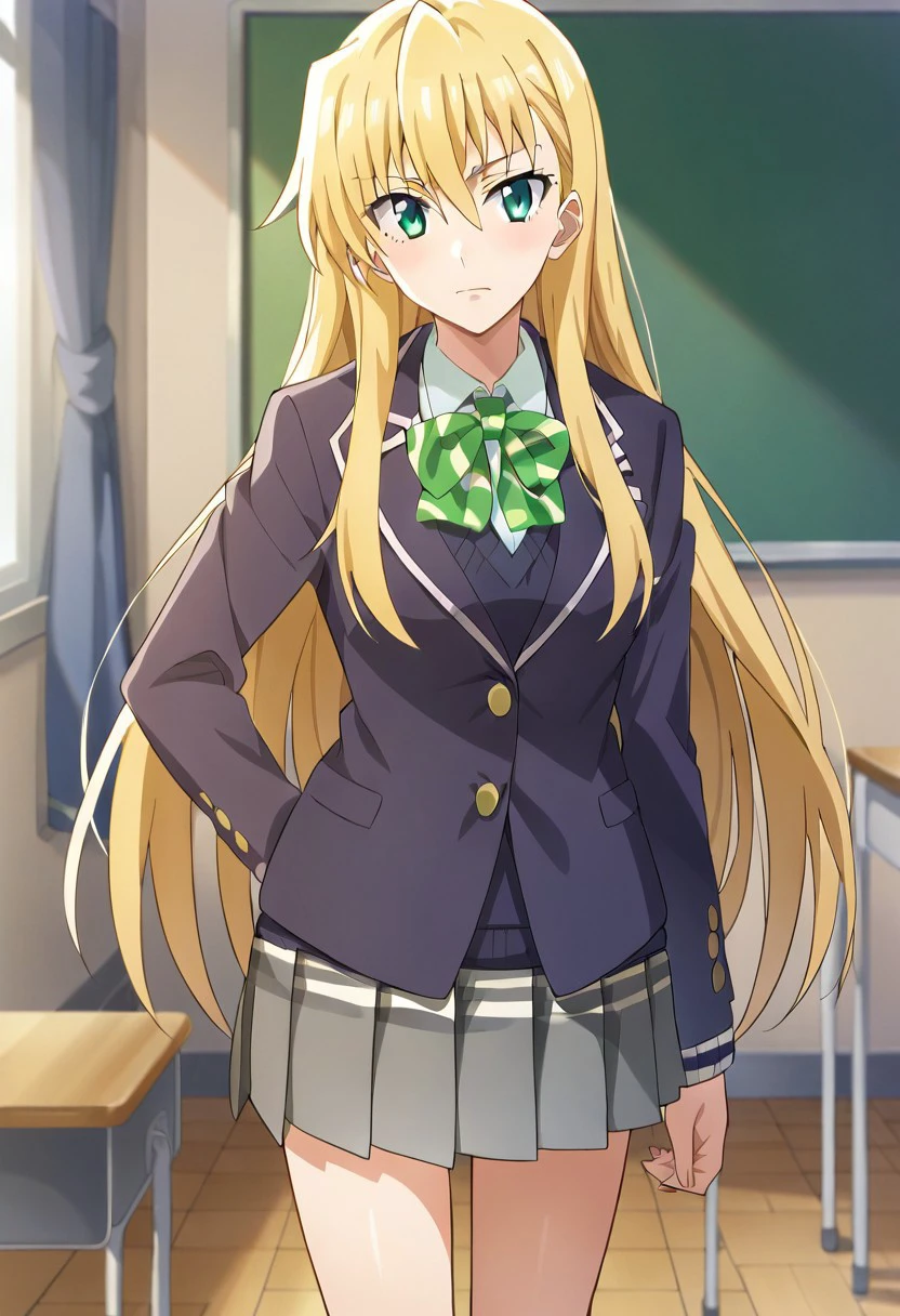 score_9, source_anime,tendou karen, 1girl, long hair, solo, blonde hair, green eyes, skirt, school uniform, jacket, pleated skirt, miniskirt,classroom