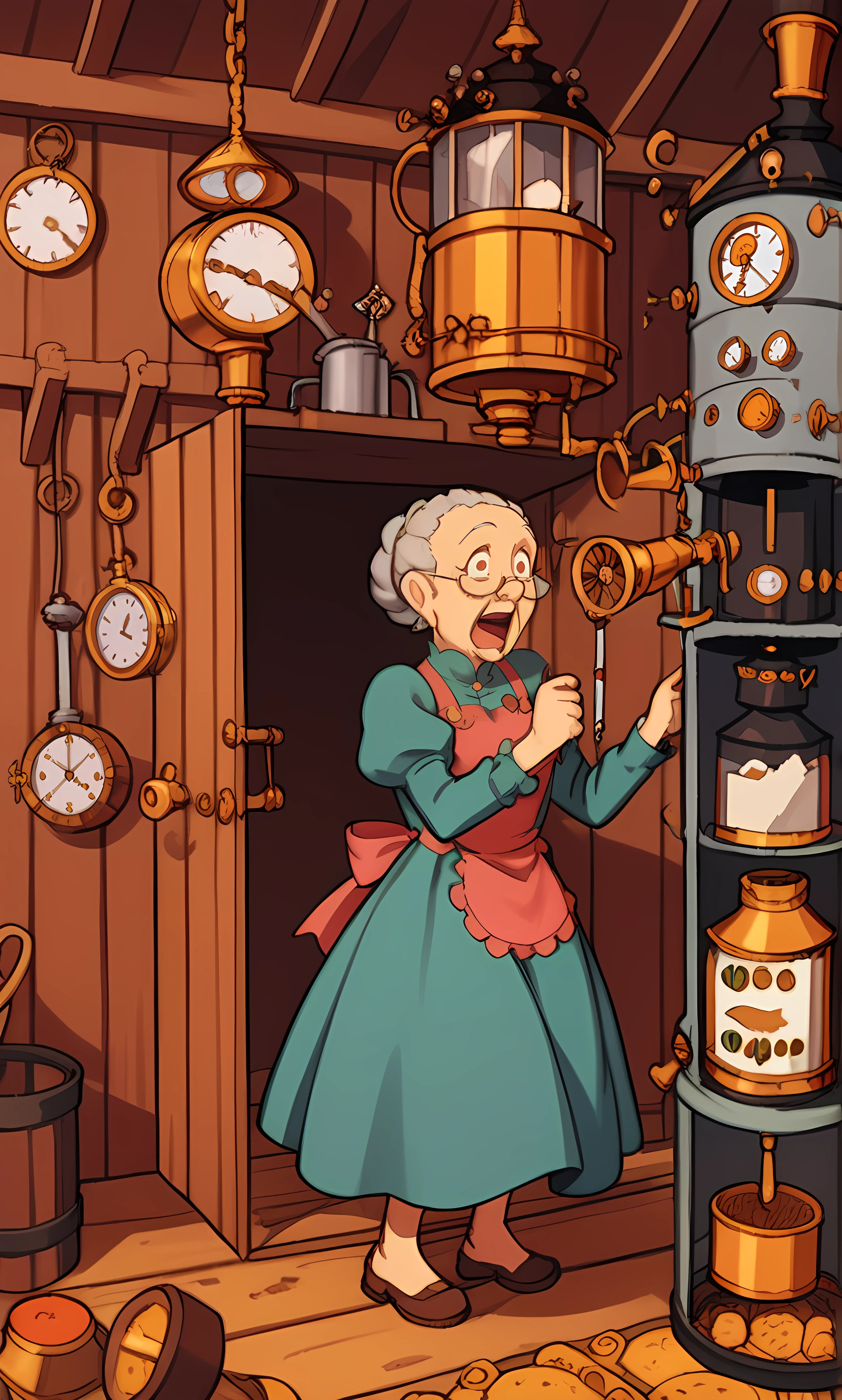 ghibli,score_8_up, score_7_up, source_manga, rating_questionable,  DrSnu99l3s, an elderly lady in green dress and pink apron, surprised expression, complicated steampunk invention, pareidolia, in a shed, invention, trippy <lora:Dr_Snuggles_-_TV_show_1979_-_Pony:1.0>,  <lora:Ghibli2XLP:0.0>