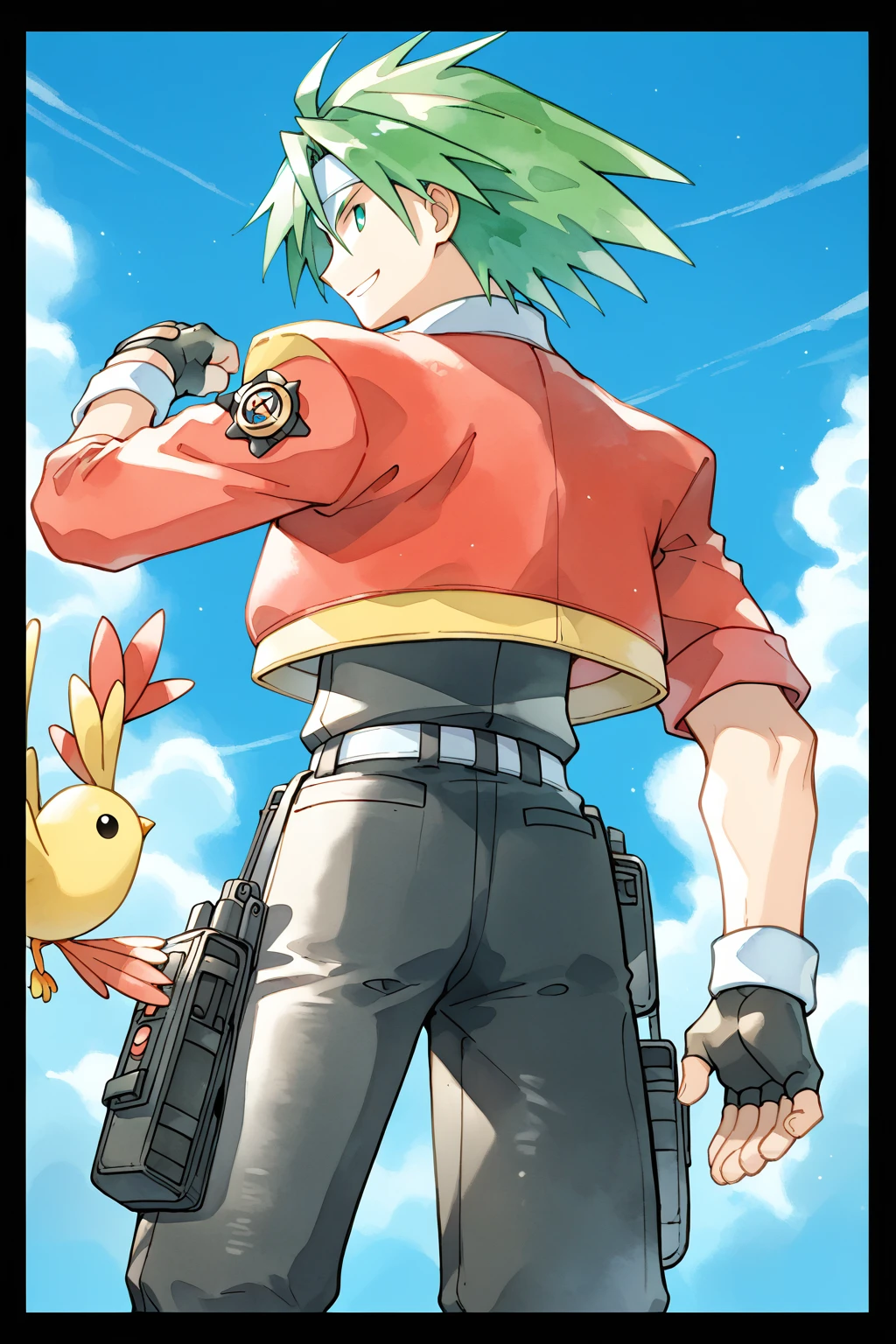 (score_9, score_8_up:1.1), score_7_up, high res image, spenserranger, ken sugimori, watercolor (medium), man, solo, adult, tall, toned body, green hair, laid back hair, medium hair, white headband, green eyes, red jacket, short jacket, open jacket, black pants, white belt, fingerless gloves, smile, cool pose, sky background, clouds, looking at viewer