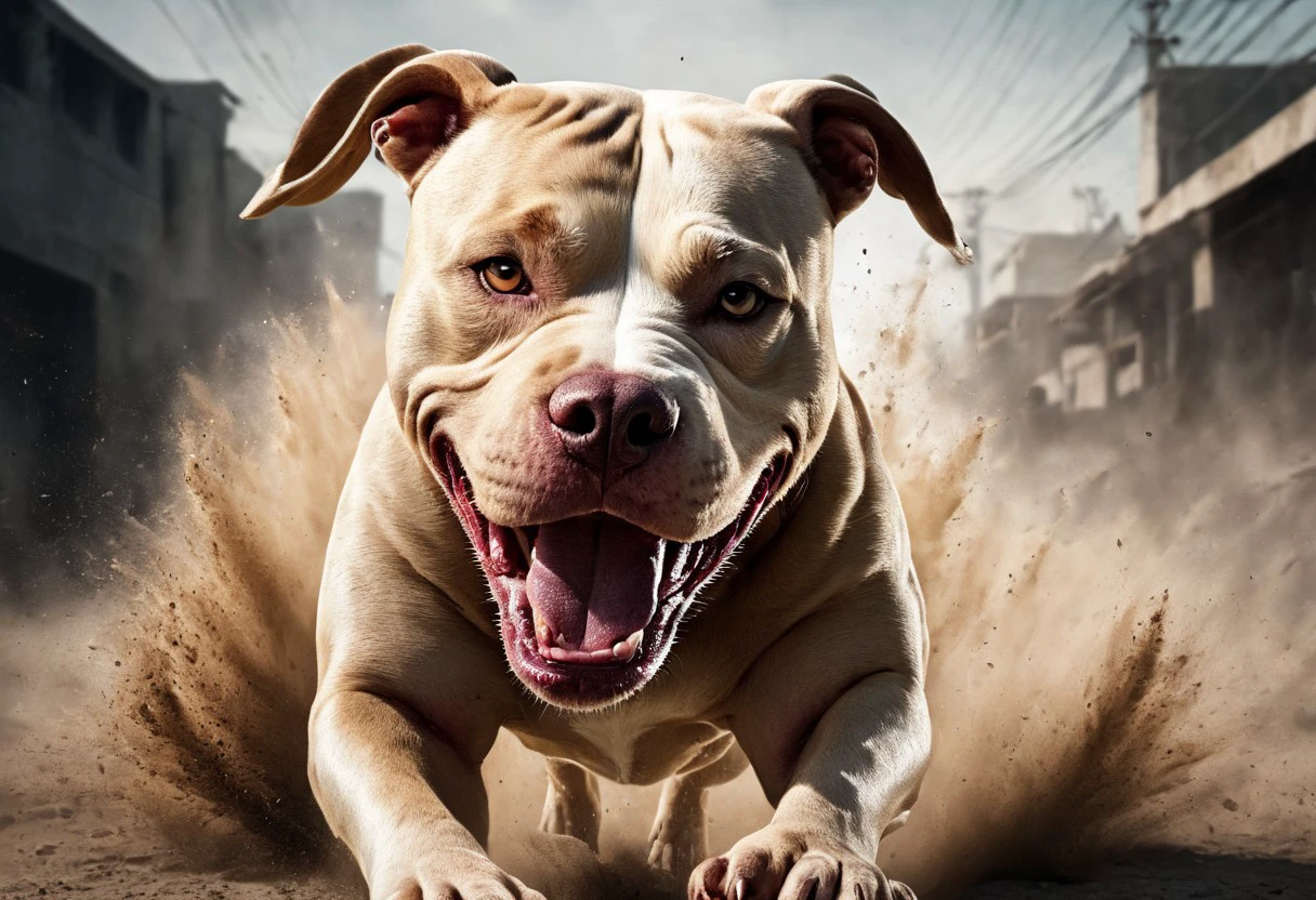 super realistic image ultra quality and super high resolution and sharp focus, photorealistic style of pitbull dog dynamic pose, aggressive and evil expression