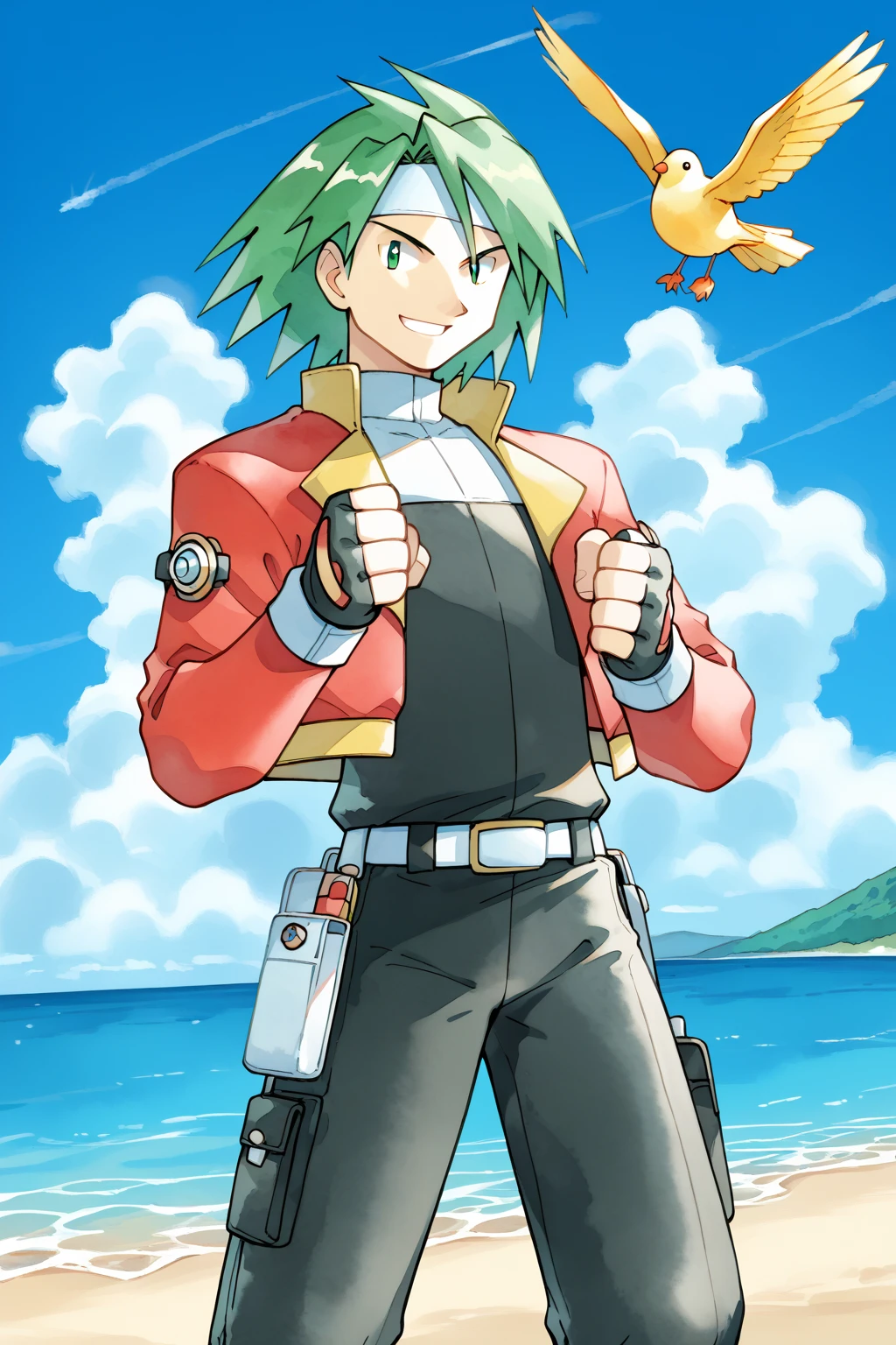 (score_9, score_8_up:1.1), score_7_up, high res image, spenserranger, ken sugimori, watercolor (medium), man, solo, adult, tall, toned body, green hair, laid back hair, medium hair, white headband, green eyes, red jacket, short jacket, open jacket, black pants, white belt, fingerless gloves, smile, cool pose, sky background, clouds, looking at viewer