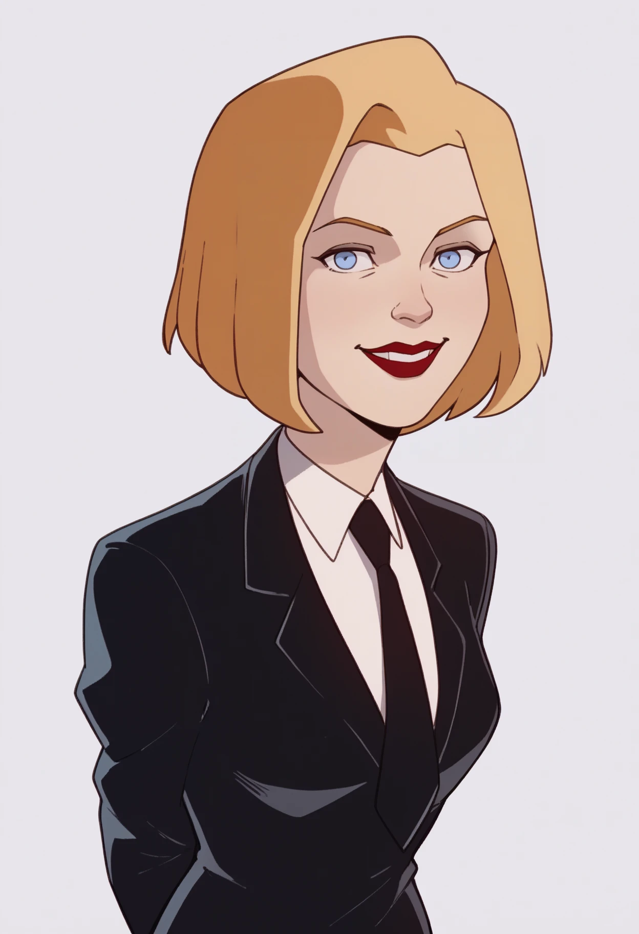 score_9, score_8_up, score_7_up, score_6_up, score_5_up, score_4_up, BREAK,
1girl, agentl, blonde hair, short hair, blue eyes, red lips, makeup,
black jacket, formal, suit, necktie, white shirt,
arms behind back, upper body, smile, looking at viewer, solo, simple background, white background  <lora:AgentLXL:1>