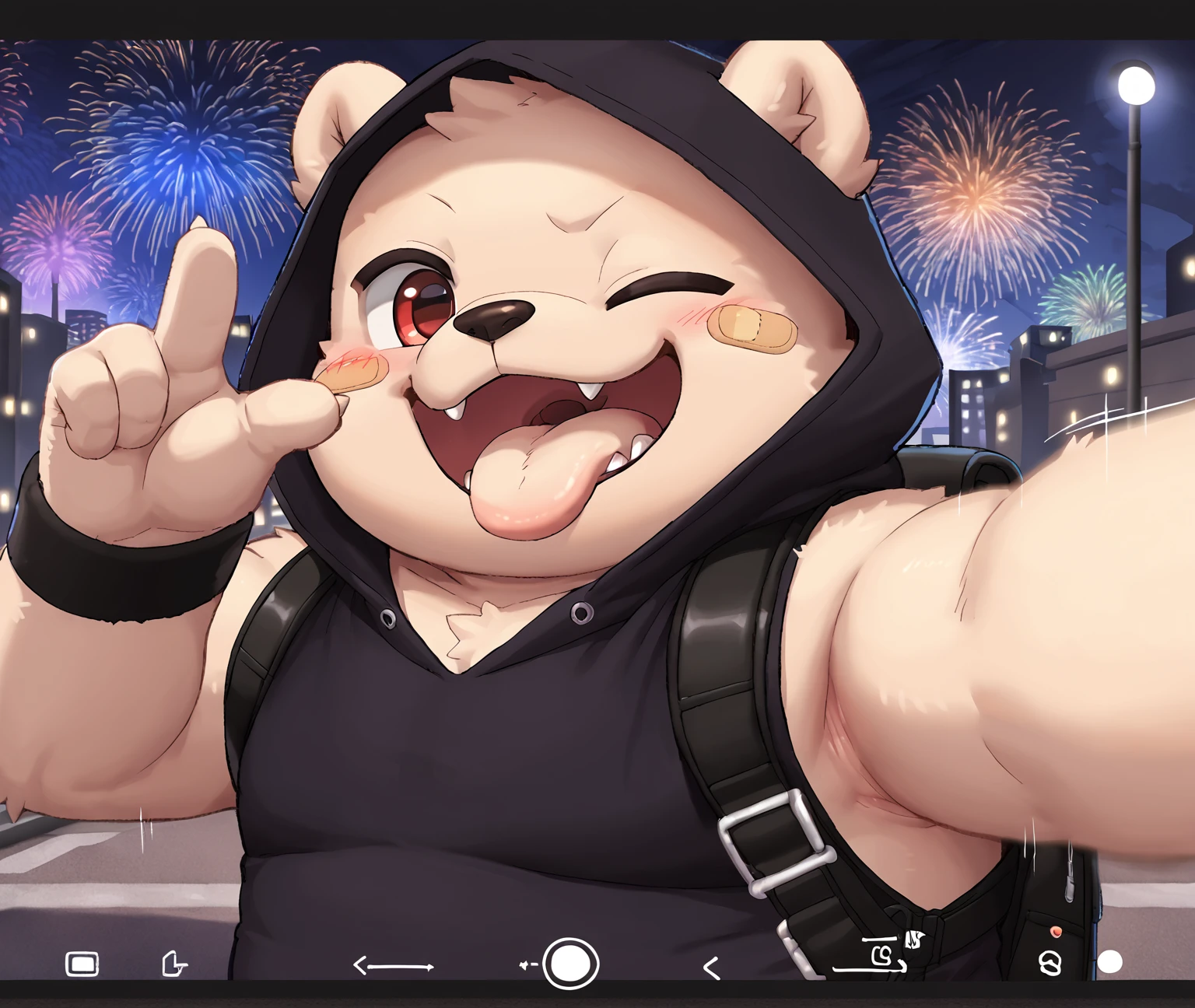 M0kiArt1,1boy,1kyorx,looking at viewer,furry, bear boy,white fur,on city,city background,wearing black hoodie,happy, red eyes,plump,score_9, score_8_up, score_7_up,backpack, cute,blush sticker, wink,good lighted, shadow, night, glow,motion blur,motion lines, lens distortion, detailed face, solo,fireworks,accessories,wrist bands, selfie, selfie pov,scenery,v,from below,band aid,armpit,flares,glow,tongue