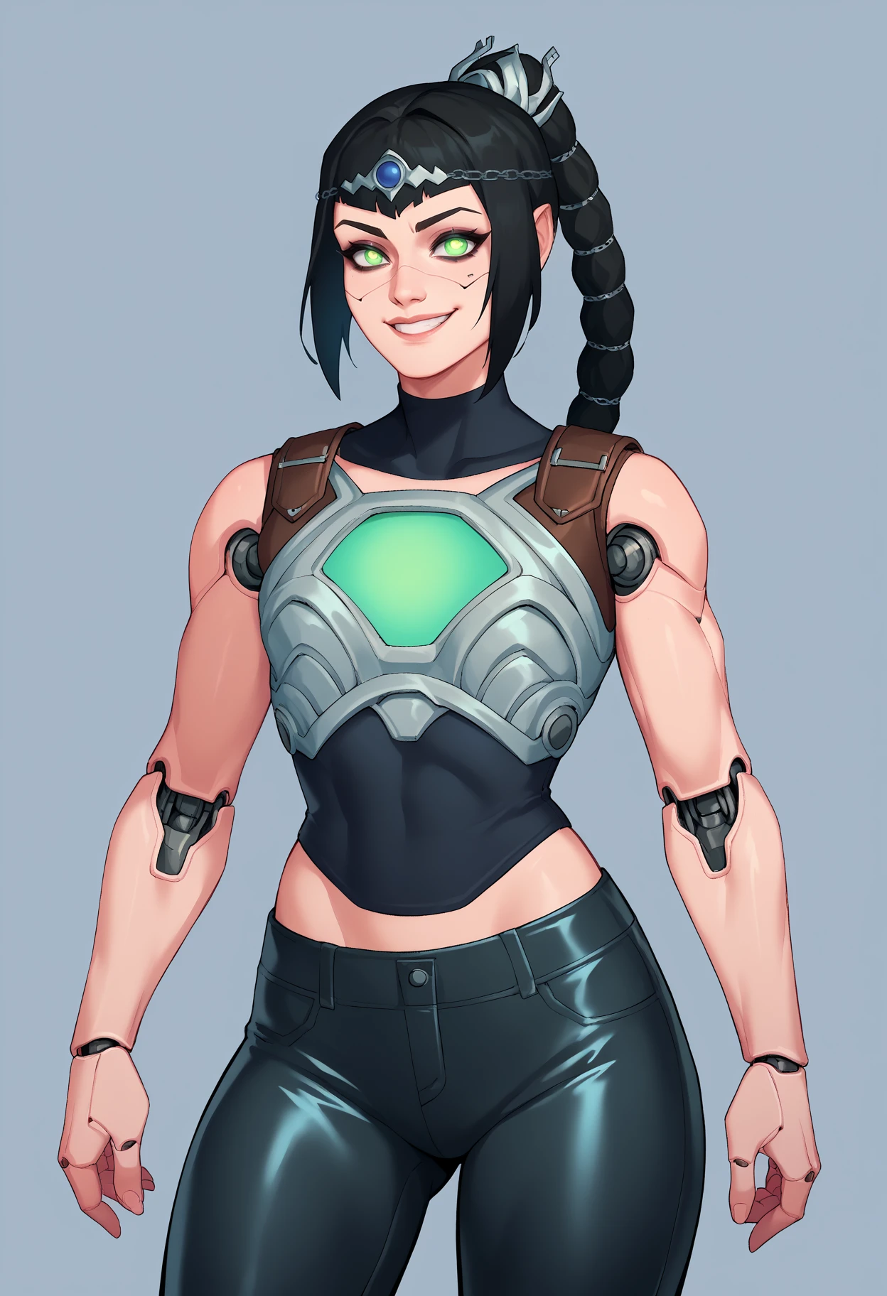 score_9, score_8_up, score_7_up, score_6_up, score_5_up, score_4_up, BREAK,
robotskin, cyborg, robot skin, 
1girl, shadowheart, black hair, braided ponytail, tiara, glowing green eyes, armor, leather pants,
smile, looking at viewer, simple background,  <lora:ShadowHeartXL:1> <lora:RobotSkinXL:1>