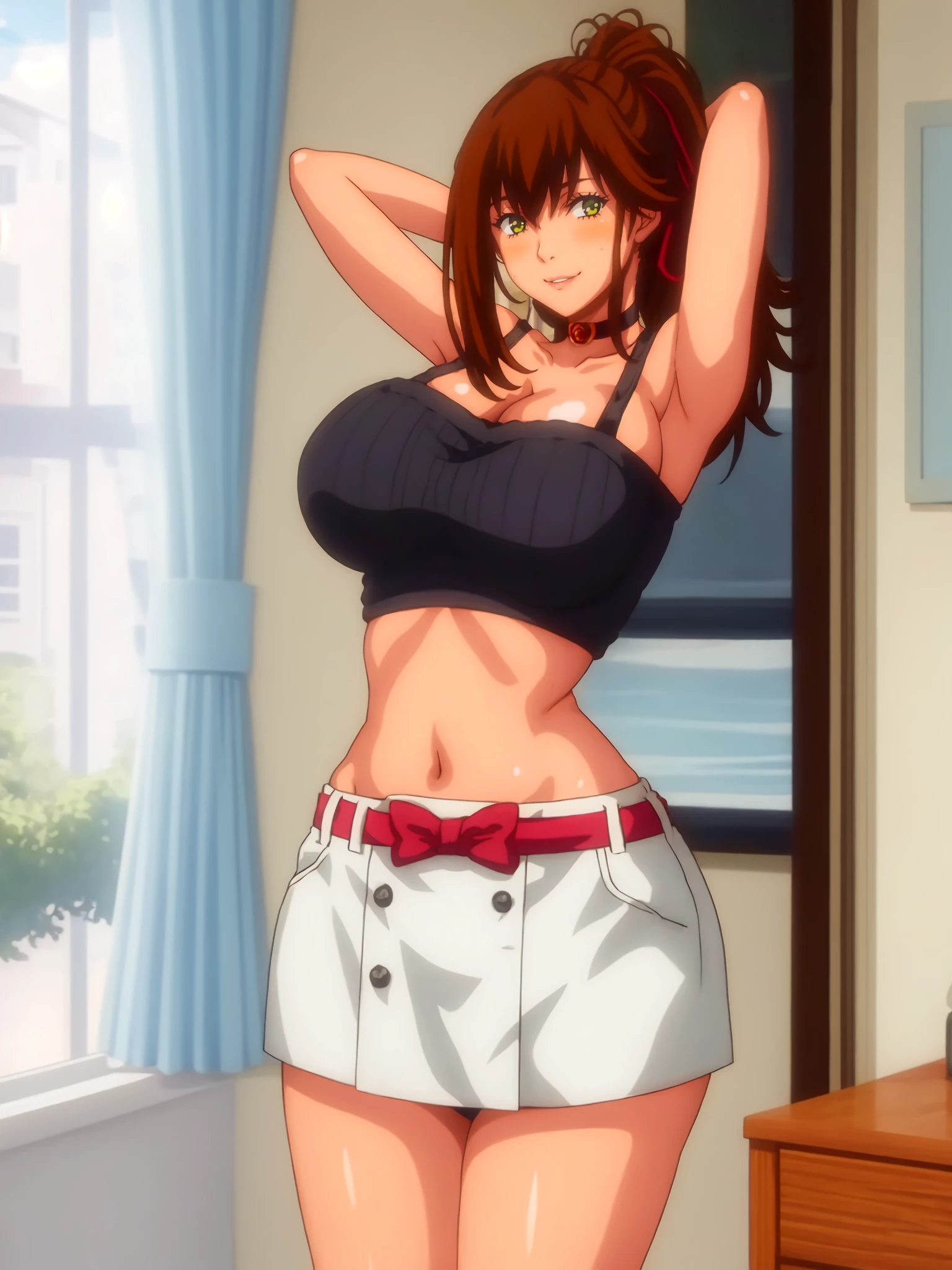 masterpiece, high quality,
Serina Shinjou, girl is standing, cowboy shot, arms behind head,
1girl, solo,
looking at viewer, head tilt, smile,
brown hair, long hair, ponytail, hair ribbon, green eyes, lips, choker,
bare shoulders, black top, crop top, grey skirt, miniskirt, belt,
huge breasts, voluptuous, thighs, midriff, cleavage,
indoors, bedroom,
 <lora:Serina Shinjou15:1>