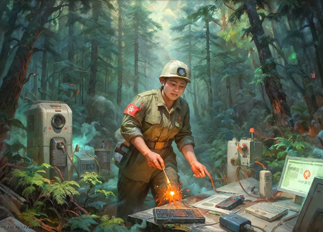 a defective computer with smoke and sparks coming out  <lora:nk_join_v3_f16:1> (bestkoreaart,highly detailed oil painting, socialist realism:1.1) "Anime-style scene with tech workers in a magical forest, using wands to repair glowing servers, with a âthis is fineâ sign", score_9, score_6_up, score_7_up