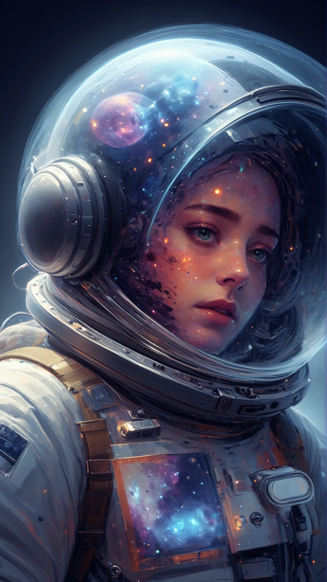 <lora:CosmicStyleSDXL:1.4>CosmicStyle (Realistic digital painting, lonely astronaut, starlight conversation, spacesuit, helmet, radio, expression of longing, outer space, stars, galaxies, nebulae, dark background, vibrant colors, glowing elements, intricate details, moody, atmospheric, sci-fi:0.5), see-through, transparent