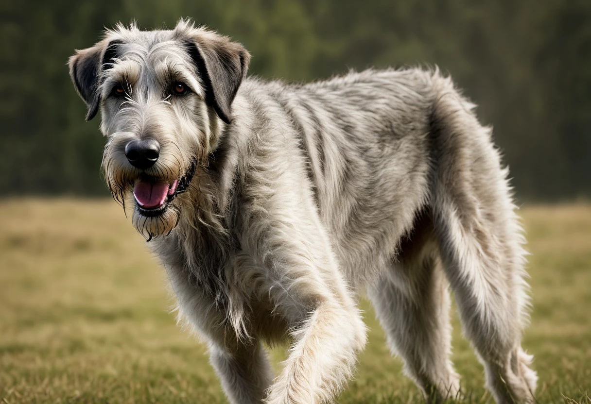 super realistic image ultra quality and super high resolution and sharp focus, photorealistic Irish Wolfhound dog style, dynamic poses