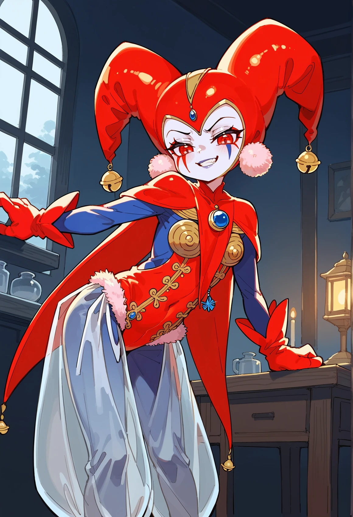 1girl, red eyes, facepaint, jester, jester cap, leotard, capelet, bell, gloves, blue pantyhose, see-through harem pants, harem pants, fur trim, pom pom \(clothes\), indoors, night, inn, medieval, finger to mouth, smug, evil smile, half-closed eyes, teeth, finger to mouth, bent over, from below, holding dagger <lora:Harle_XL:1>, score_9, score_8_up, score_7_up, score_6_up, score_5_up, score_4_up, BREAK source_anime, masterpiece