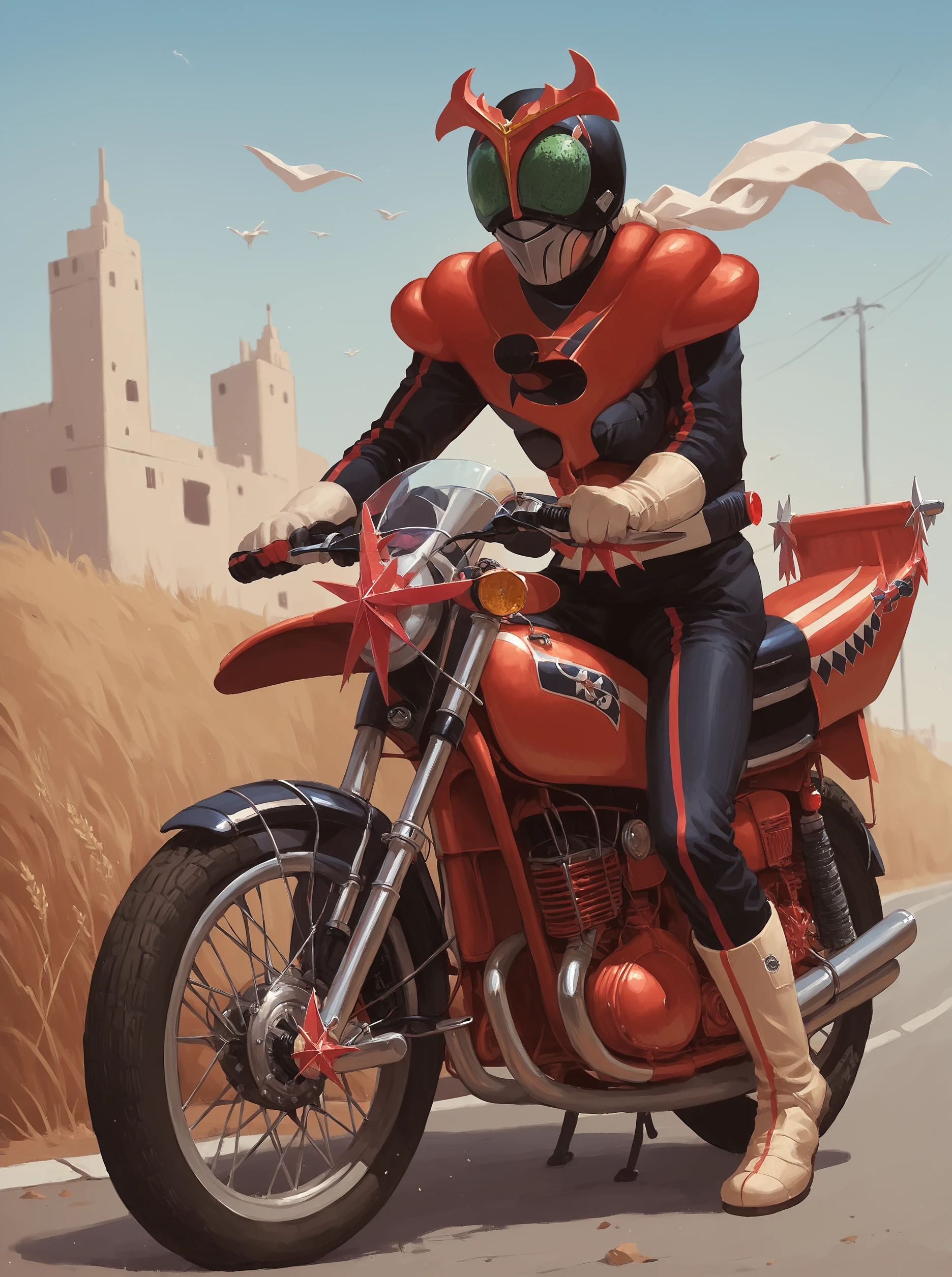 score_9, score_8_up, score_7_up, masterpiece, source_realistic, kamen rider, 1boy, male focus, white scarf, solo, ground vehicle, motorcycle, motor vehicle, outdoor, pose<lora:sn0wStyle:1> <lora:HKHorrorXL:1>,     <lora:Kamen_rider_stronger_1975:1>  weather,