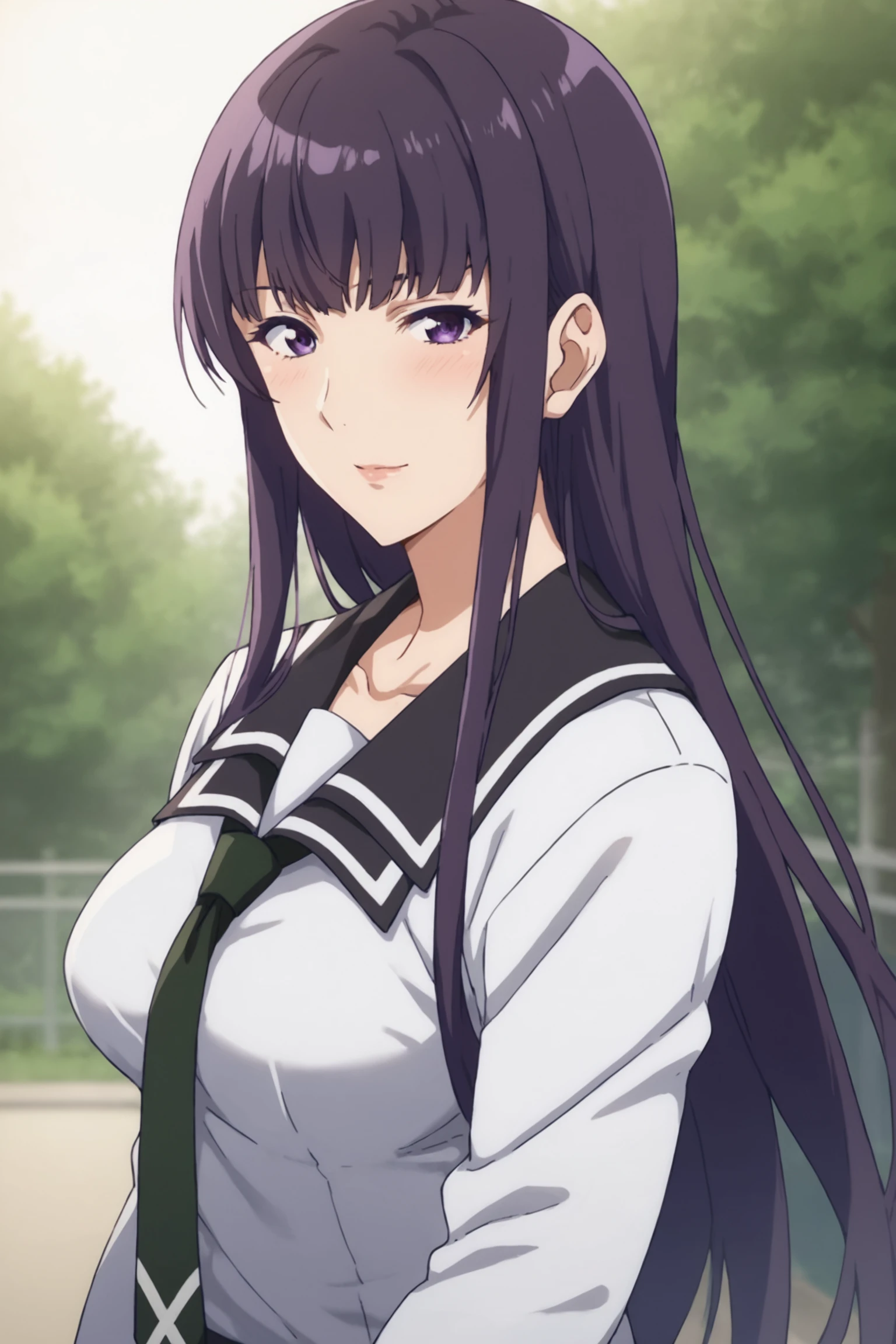 score_9, score_8_up, score_7_up, score_6_up, score_5_up, source_anime, rating_safe, outdoors, 1girl, solo, looking at viewer, medium breasts, <lora:age_slider_v4:3>, iwami sara, long hair, purple hair, purple eyes, sarawinter, school uniform, black collar, white uniform, long sleeves, green necktie, white skirt, pleated skirt, black thighhighs, loafers, <lora:Sara_Iwami:0.8>, (upper body:1.2)