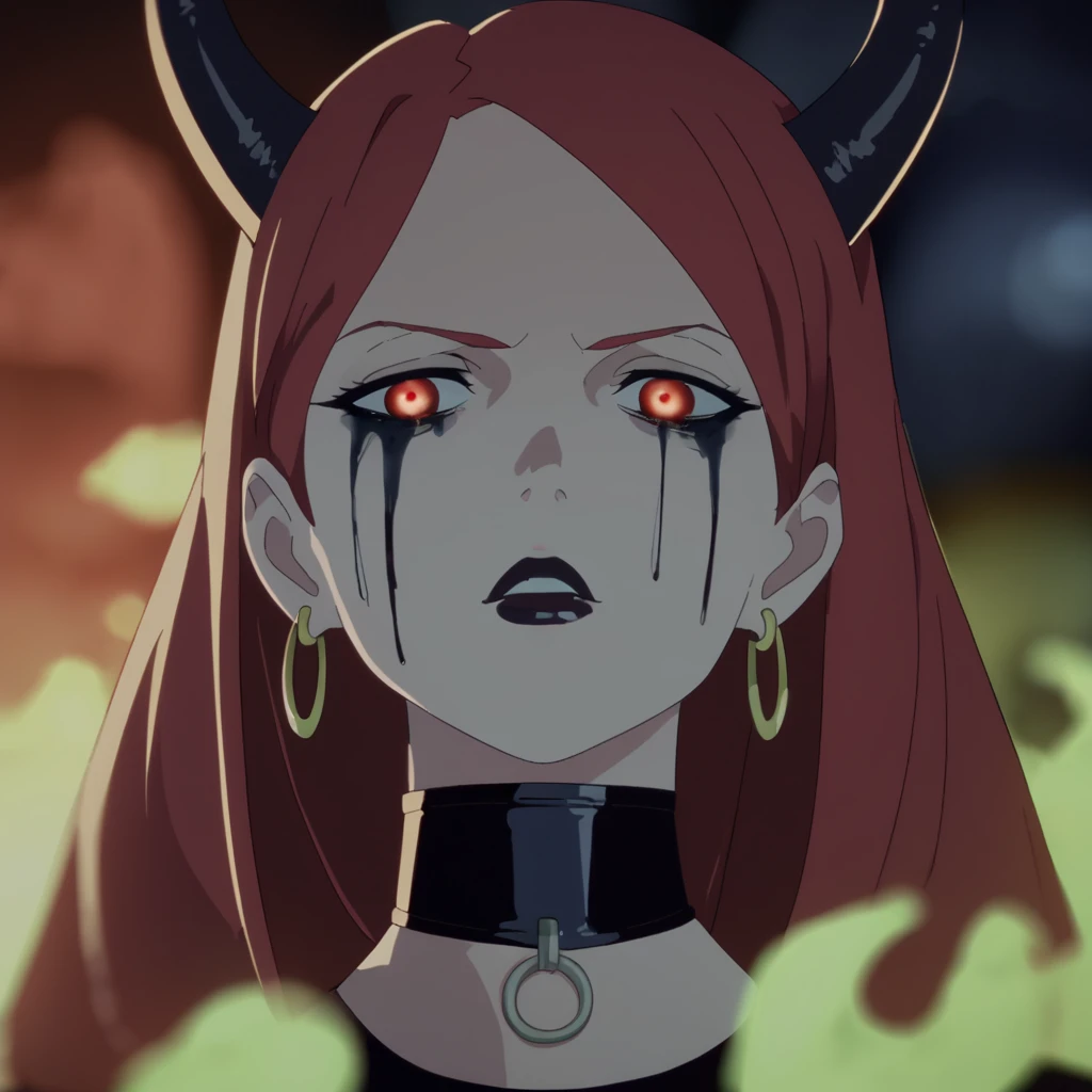 score_9, score_8_up, score_7_up,  BREAK source_anime,
 ,<lora:cyberpunk_edgerunners_style_pony_r1:0.8>,
1girl, long red hair, horns, dark eyes, black lipstick, glossy makeup, teardrop makeup, black latex outfit, choker, large earrings, fiery background, blurry background, warm lighting, indoor, detailed