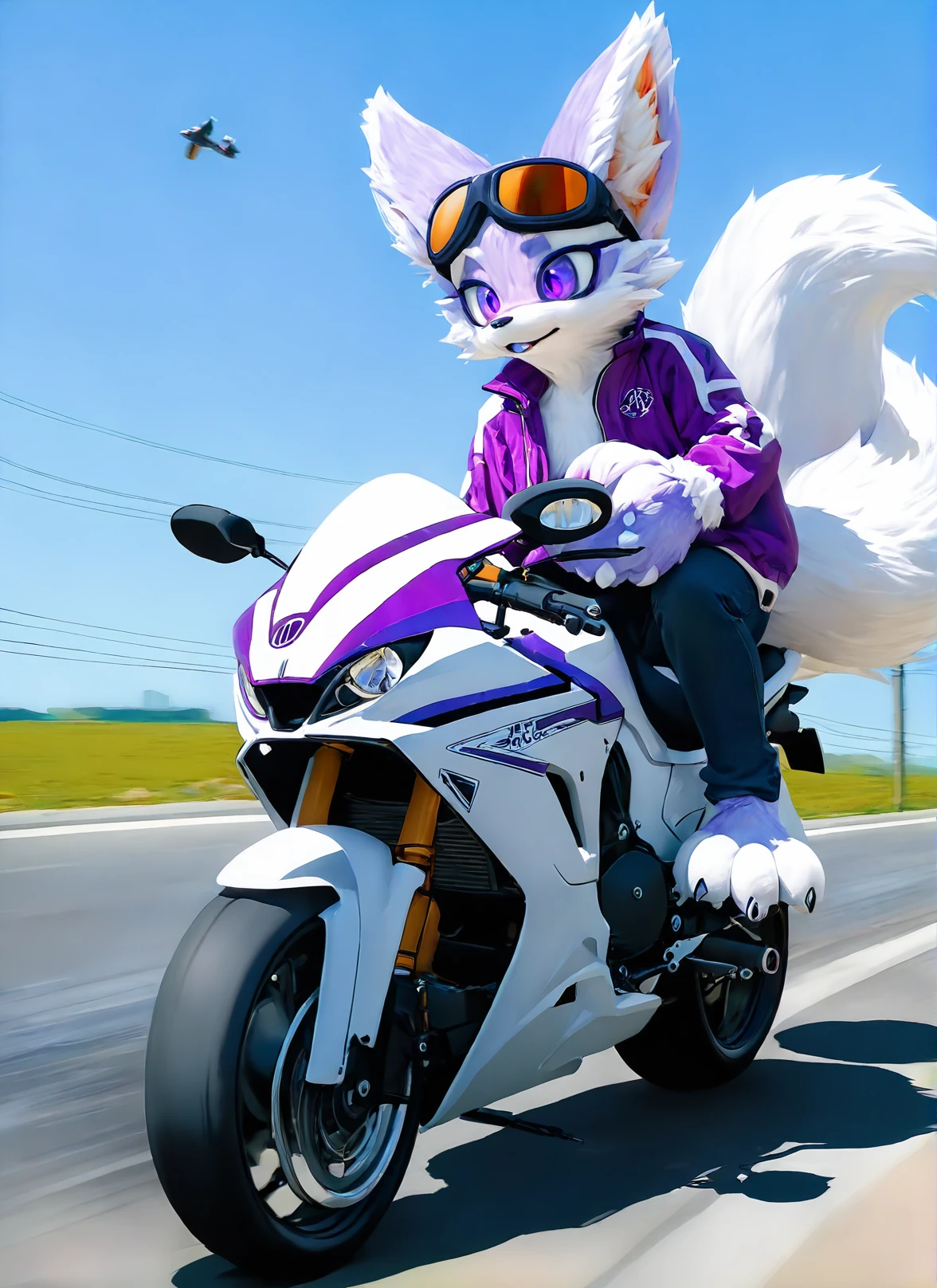 score_9,score_8_up,score_7_up,best quality,amazing quality,very aesthetic,absurdres,official art,intricate details,hyperdetailed,BRAKE,
(furry:1.05),solo,furry fox,furry female,purple and white fur,furry paws,wind jacket,black jeans,riding a motorcycle,holding a helmet,goggles,day,country road,furry ears,half fur suit,realistic,solo,full body,<lora:HalfFurSuitXLLora:0.85>,