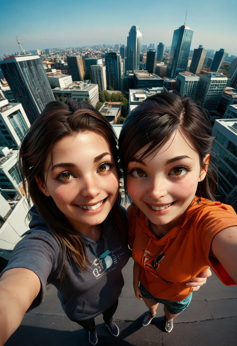 Score_7_up, score_8_up, score_9,((clos_pers)), closeup, perspective shot, high angle, from above, wide view, Source_3d, 
BREAK,
 2girls, cheek to cheek, smiling, different characters, selfie pose, face focus, face closeup, outdoors, city building rooftop, detailed background,