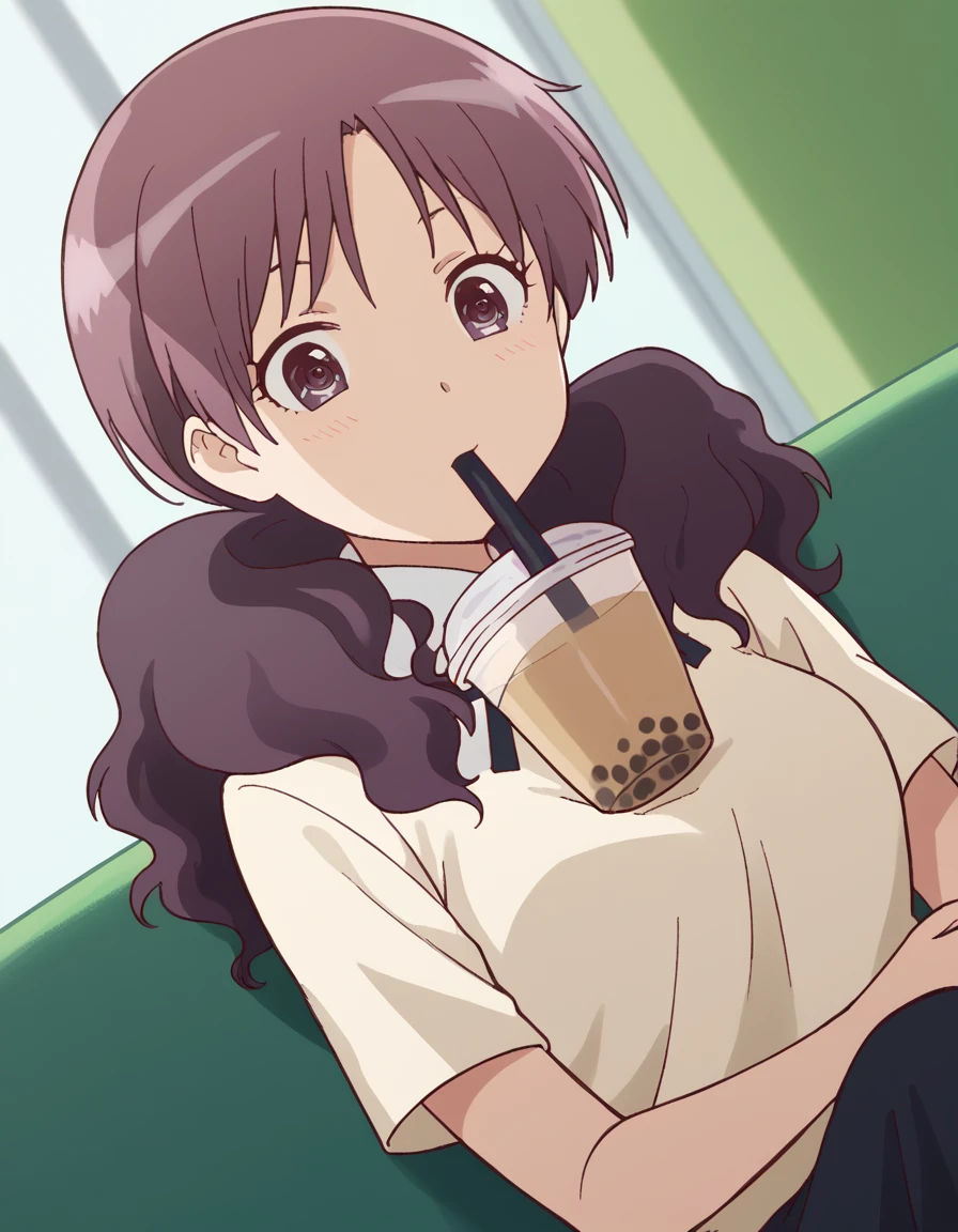 score_9, score_8_up, score_7_up, source_anime, <lora:shiho-kamakura-s1-ponyxl-lora-nochekaiser:1>, shiho kamakura, long hair, twintails, purple hair, purple eyes,, <lora:bubble-tea-challenge-ponyxl-lora-nochekaiser:1>, bubble tea challenge, bubble tea, object on breast, drinking straw, drinking straw in mouth, drinking, cup,, indoors, sitting, looking down, , cowboy shot, dutch angle