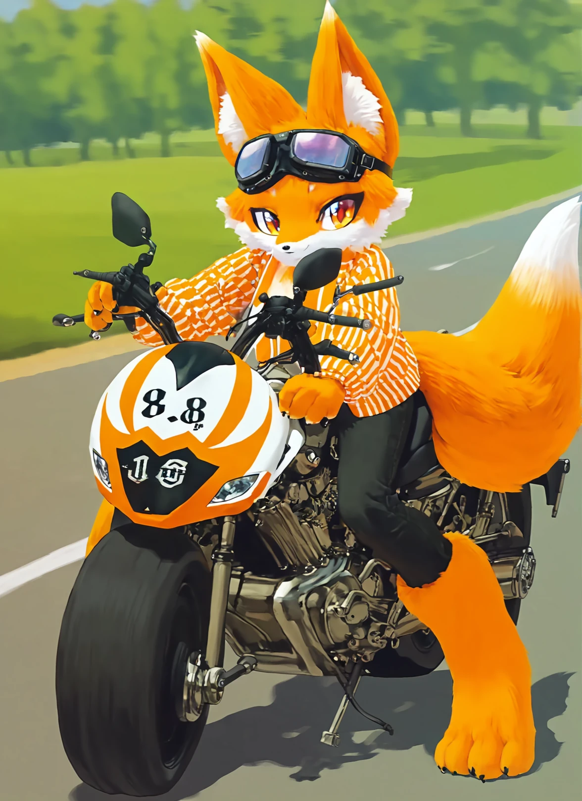 score_9,score_8_up,score_7_up,best quality,amazing quality,very aesthetic,absurdres,official art,intricate details,hyperdetailed,BRAKE,
(furry:1.05),solo,furry fox,furry female,orange and white fur,furry paws,wind jacket,black jeans,riding a motorcycle,holding a helmet,goggles,day,country road,furry ears,half fur suit,realistic,solo,full body,<lora:HalfFurSuitXLLora:0.9>,