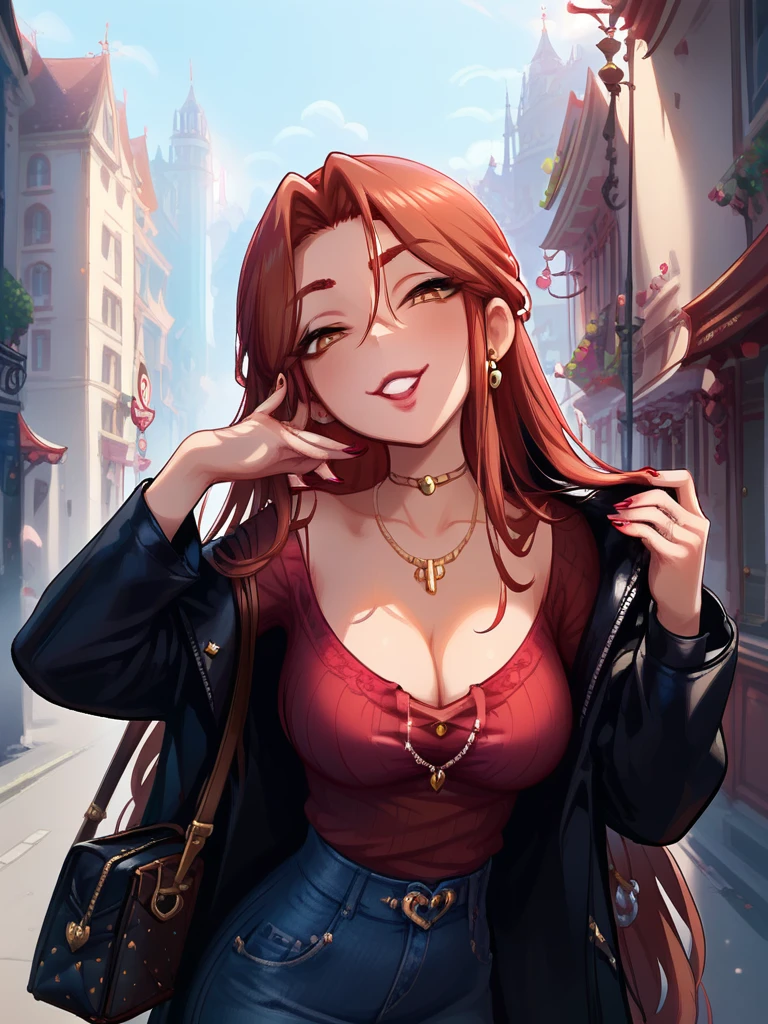 <lora:Tokiko ZaizenPDXL_v1:1>Tokiko ZaizenPDXL, 1girl, solo, necklace, jewelry, bag, nail polish, looking at viewer, cleavage, smile, <lora:princess_xl_v2:0.8><lora:g0th1cPXL:0.3> g0th1cpxl<lora:Expressive_H:0.8> ExpressiveH<lora:NAI Smooth Boys Style SDXL_LoRA_20r_20e_8i_nr32_a16_Pony Diffusion V6 XL:0.8> score_9, score_8_up, score_7_up,