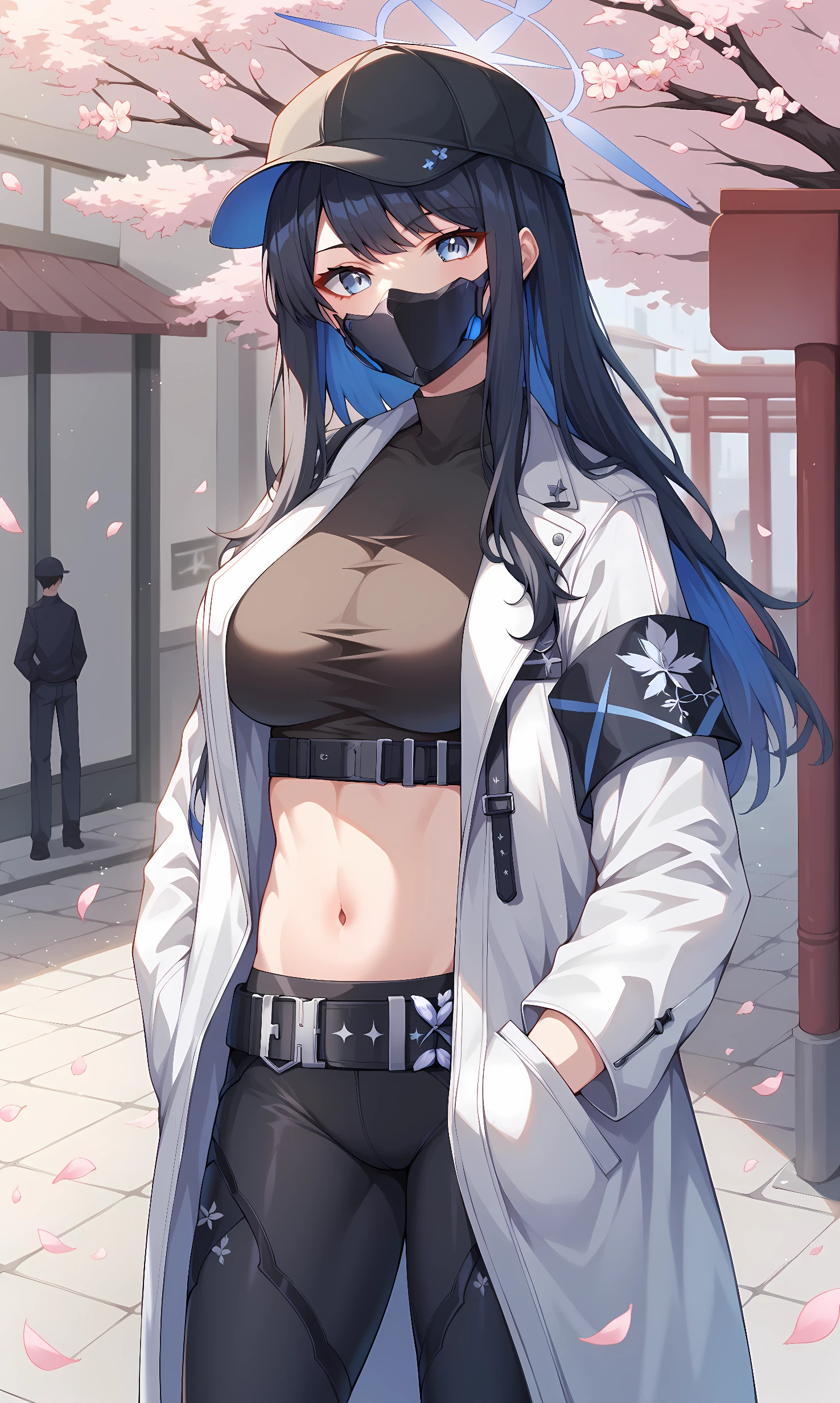 score_9, score_8_up, score_7_up, BREAK source_anime, 1girl, solo, outdoors, street, cherry blossoms, cowboy shot, standing, looking at viewer, saori, blue eyes, black hair, colored-inner hair, long hair, halo, baseball cap, black cap, mask, mouth mask, black crop top, black pants, tight pants, navel, belt, black boots, white coat, open clothes, long sleeves, armband, hand on pocket 