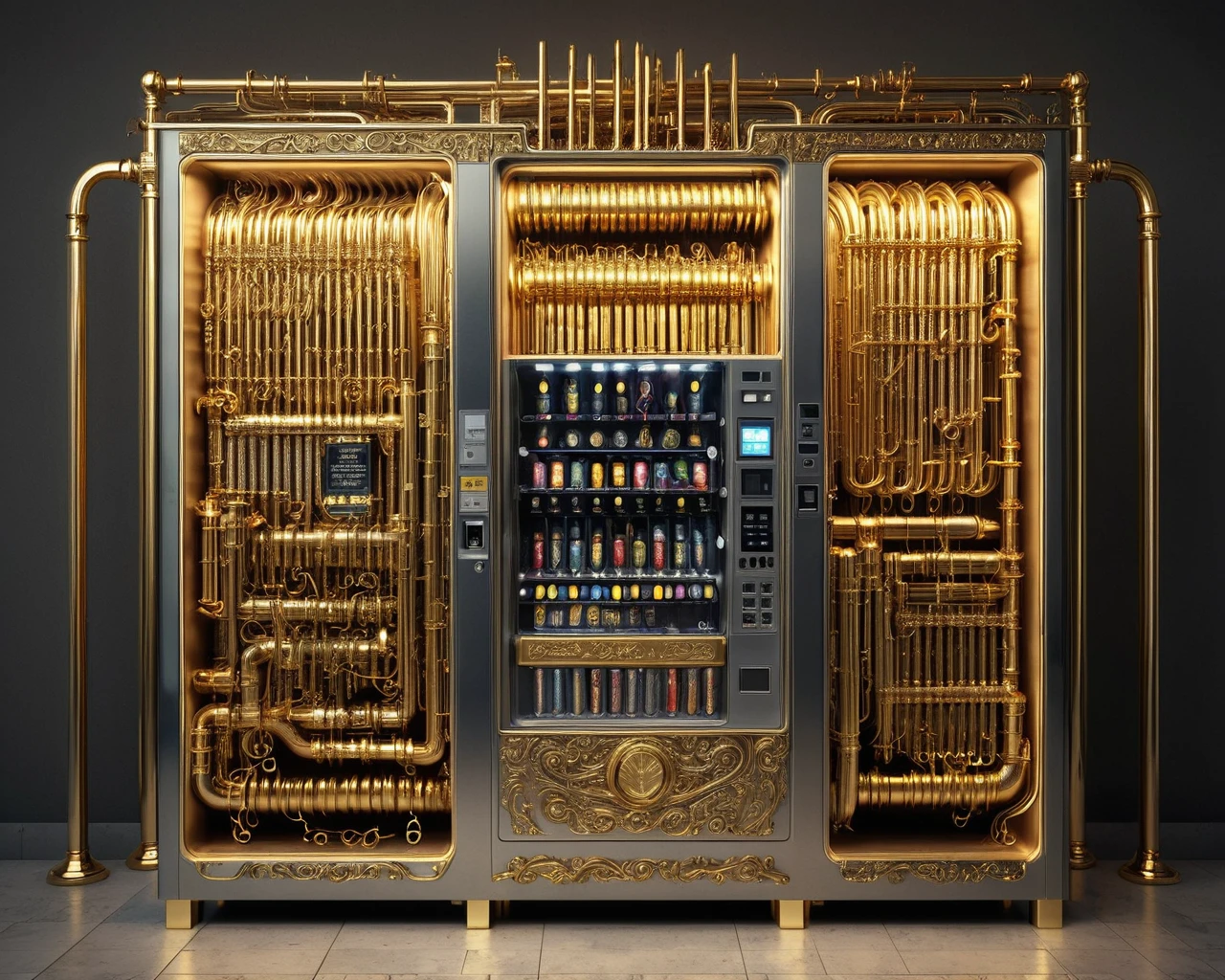 a raw photograph of a vending machine in (qu4ntum style),covered in (brass pipes) and (silver wires) and gold circuits,hyperrealistic,masterpiece,magazine advertisement,8K wallpaper<lora:Qu4ntumPunk_04XL-000007:0.8>