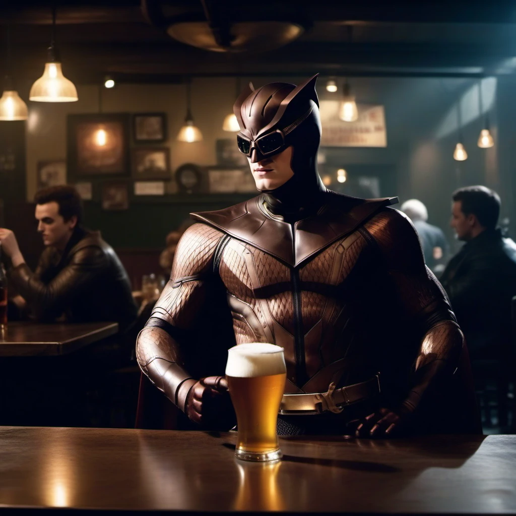 cinematic photo realistic 1boy superhero, mask, cape, having a beer in a pub   <lora:NightOwl1024-2:0.8> . 35mm photograph, film, bokeh, professional, 4k, highly detailed