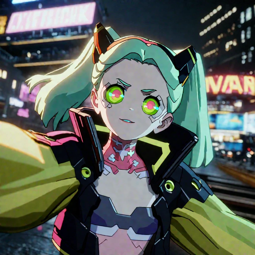 masterpiece,high resolution,
, <lora:cyberpunk_edgerunners_style_sdxl:0.8>,
(((rebecca \(cyberpunk\))), masterpiece,best quality, 1girl, (cyberpunk outfit), cargo pants, cropped short jacket, clevage, green twintail hair, third person shooter gameplay, in night town, upperbody shot <lora:Unreal Engine Render:0.6> unreal engine render, ray tracing, unreal engine, 3d render, metahuman, neon lights, detailed background, city lights, videogame render, young face, cyberware implants, close up, neck chocker, LOOK AT CAMERA