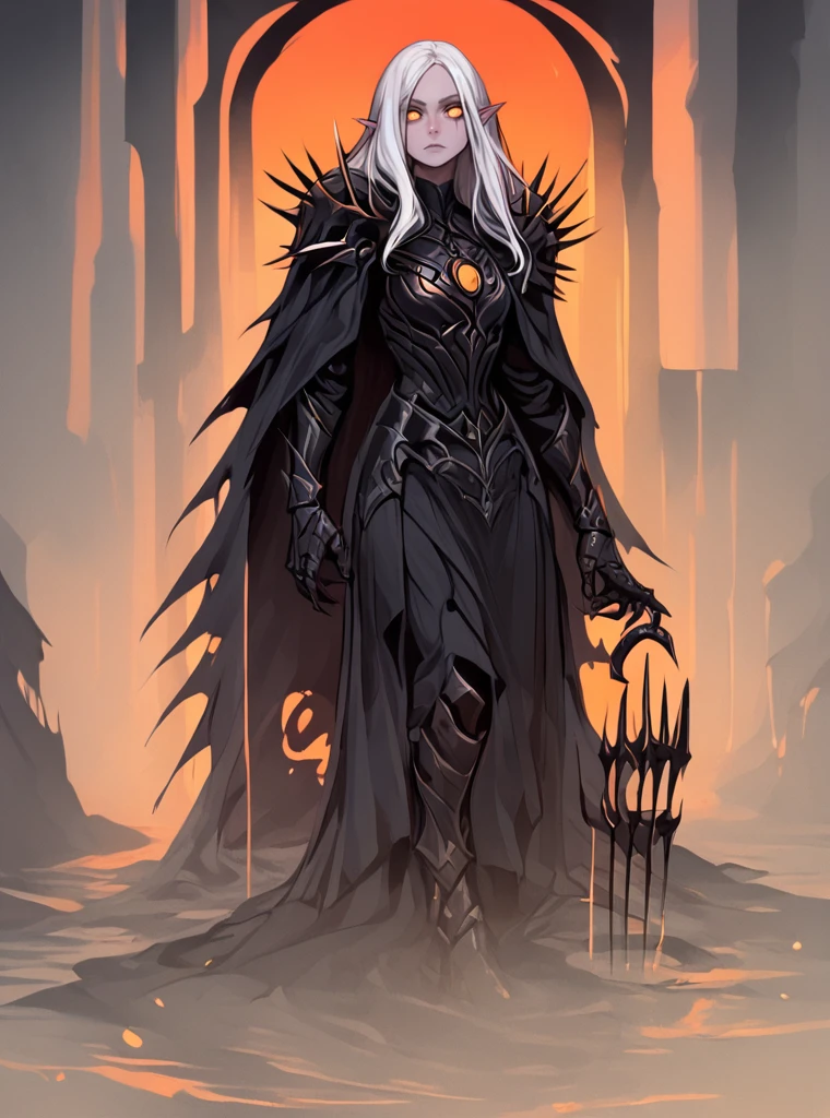 <lora:Sauron:1> sauron, 
white hair, orange eyes, slitted pupils, beautiful, elf,
solo, weapon, cape, black armor, full armor, gauntlets, spikes, <lora:Gothic:1> 1gothic1,
red background, mordor, hell,, score_9, score_8_up, score_7_up, score_6_up, score_5_up, score_4_up, BREAK