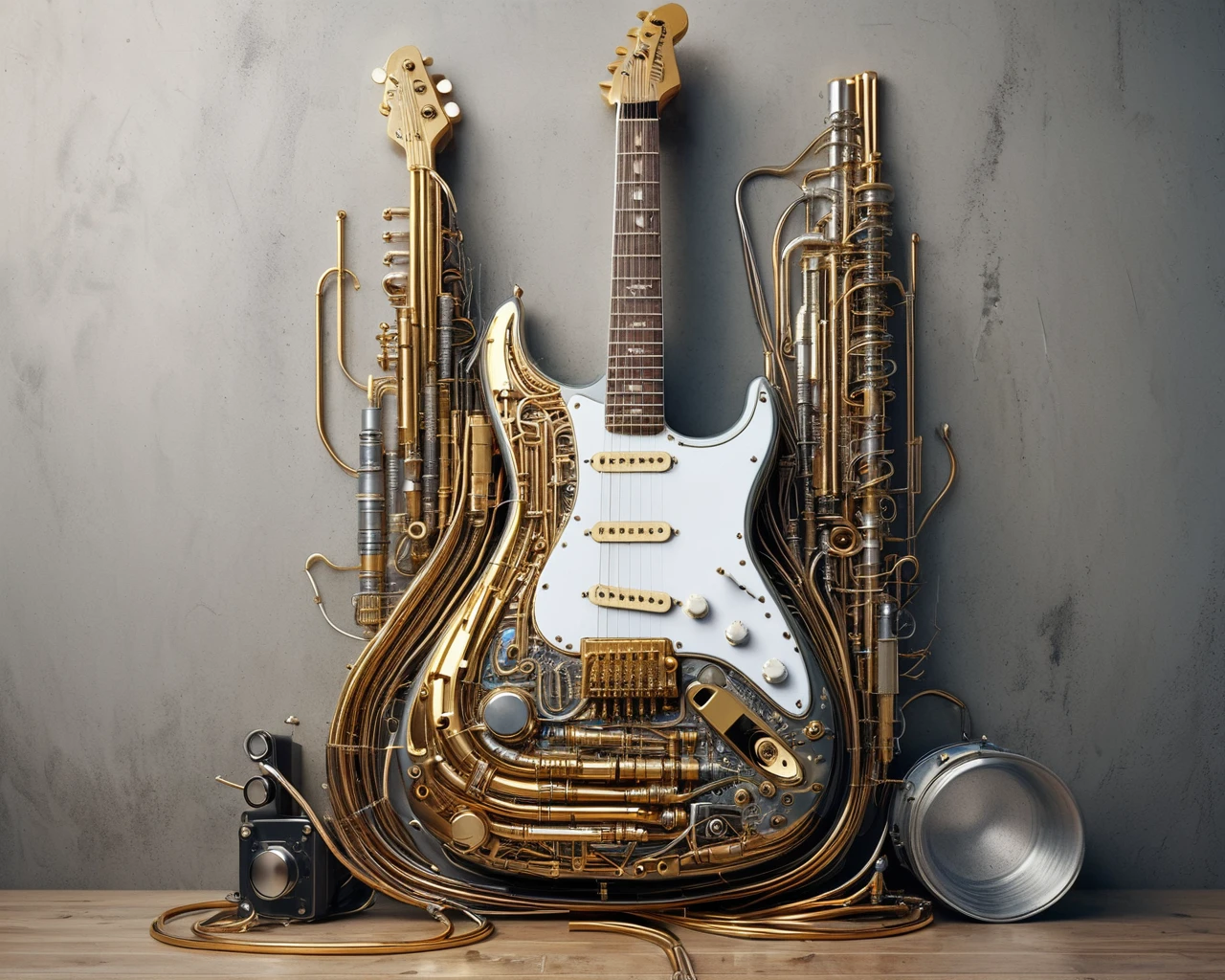 a raw photograph of a electric guitar in (qu4ntum style),covered in (brass pipes) and (silver wires) and gold circuits,hyperrealistic,masterpiece,magazine advertisement,8K wallpaper<lora:Qu4ntumPunk_04XL-000007:0.8>