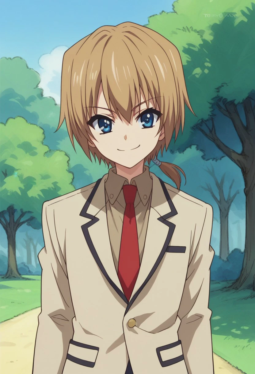 score_9, score_8_up, score_7_up, source_anime, highly detailed, 
 jironezu, solo, blue eyes, 1boy, school uniform, necktie, blonde hair, short hair, smile,
parody, blazer, red necktie, jacket, brown jacket, looking at viewer, ponytail,
outdoor,