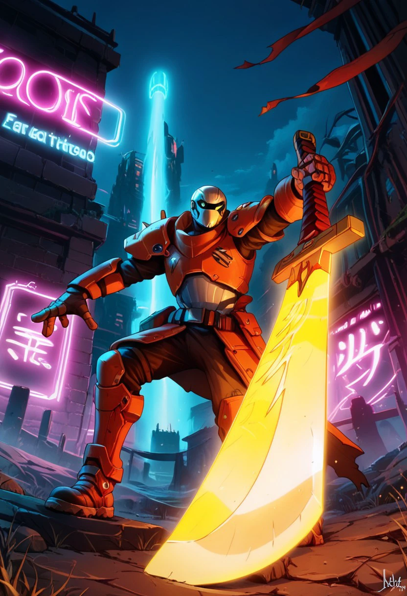 Score_7_up, score_8_up,(clos_pers:1.23), closeup, perspective shot, 
BREAK,
 1boy, dynamic pose, futuristic armor, glowing SciFi sword, ((weapon focus)), object focus,   sword pointed towards viewer, 
Outdoors, battlefield, neon lighting,