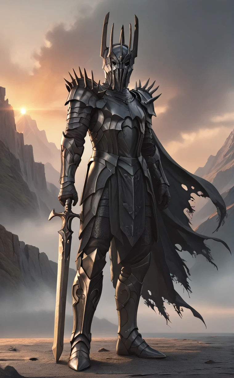 fullbody,
<lora:Sauron_v2:1> sauron, black armor, weapon, helmet, cape, full armor, mace,