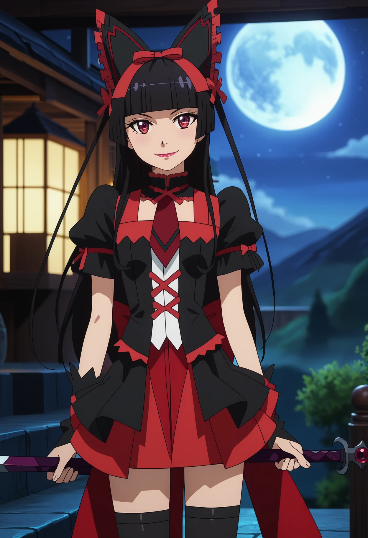 score_7_up, anime screencap,
<lora:GATE_RoryMercuryXL:0.9>, RoryMercury,
1girl, closed mouth, light smile,
long hair, black hair, red eyes, hime cut, blunt bangs, lipstick, hair bow,
weapon over shoulder,
multicolored dress, black dress, red dress, puffy short sleeves, red necktie, black thighhighs, arm warmers,
head tilt, standing, looking at viewer, arms at sides,
blurry background, night, night sky, moon, mountains, scenery