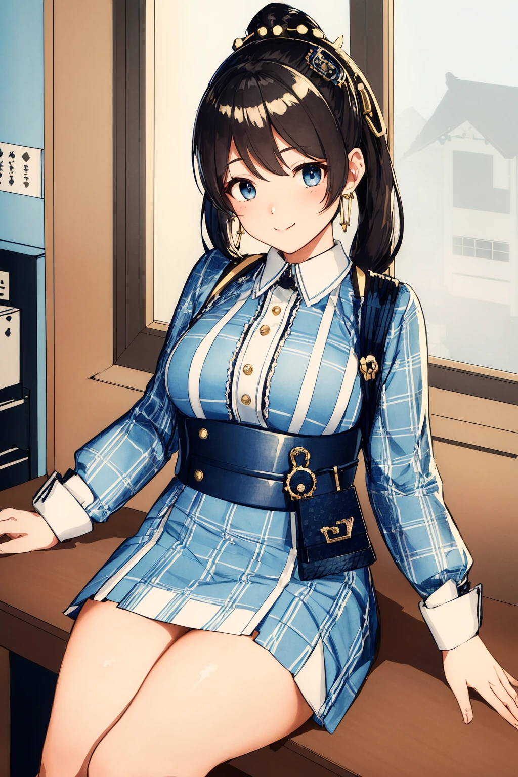 masterpiece, ultra-detailed, best quality, illustration, 8k cg wallpaper, an extremely delicate and beautiful, 1girl, solo, perfect anatomy, cute face, smiling, blushing, shining eyes, deep blue eyes, beautiful detailed eyes, dark brown hair, shoulder-length hair, twintails, cute hair accessories, cute earrings, cute choker, slim body, medium breasts, business outfit, perfect arms, cute arm accessories, black belt with gold buckle, light blue plaid skirt, cute thigh-high stockings, perfect legs, cute, pretty, beautiful, sexy, perfect body, (background: office, desk, chair, bulletin board, windows, intricately detailed items in background), <lora:Fuji:1>