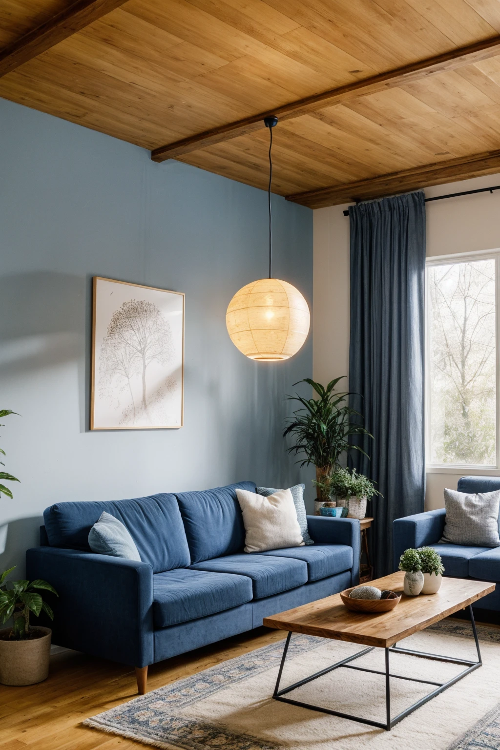 RAW photo, living room with a wooden ceiling, large modern lamp with exposed bulbs, blue textured walls, large abstract painting above a blue sofa blue sofa with assorted pillows, light wooden coffee table with a book and a cup small side table with a potted plant and a standing lamp, large window with blue curtains <lora:General-Design\add_detail:0.7>
