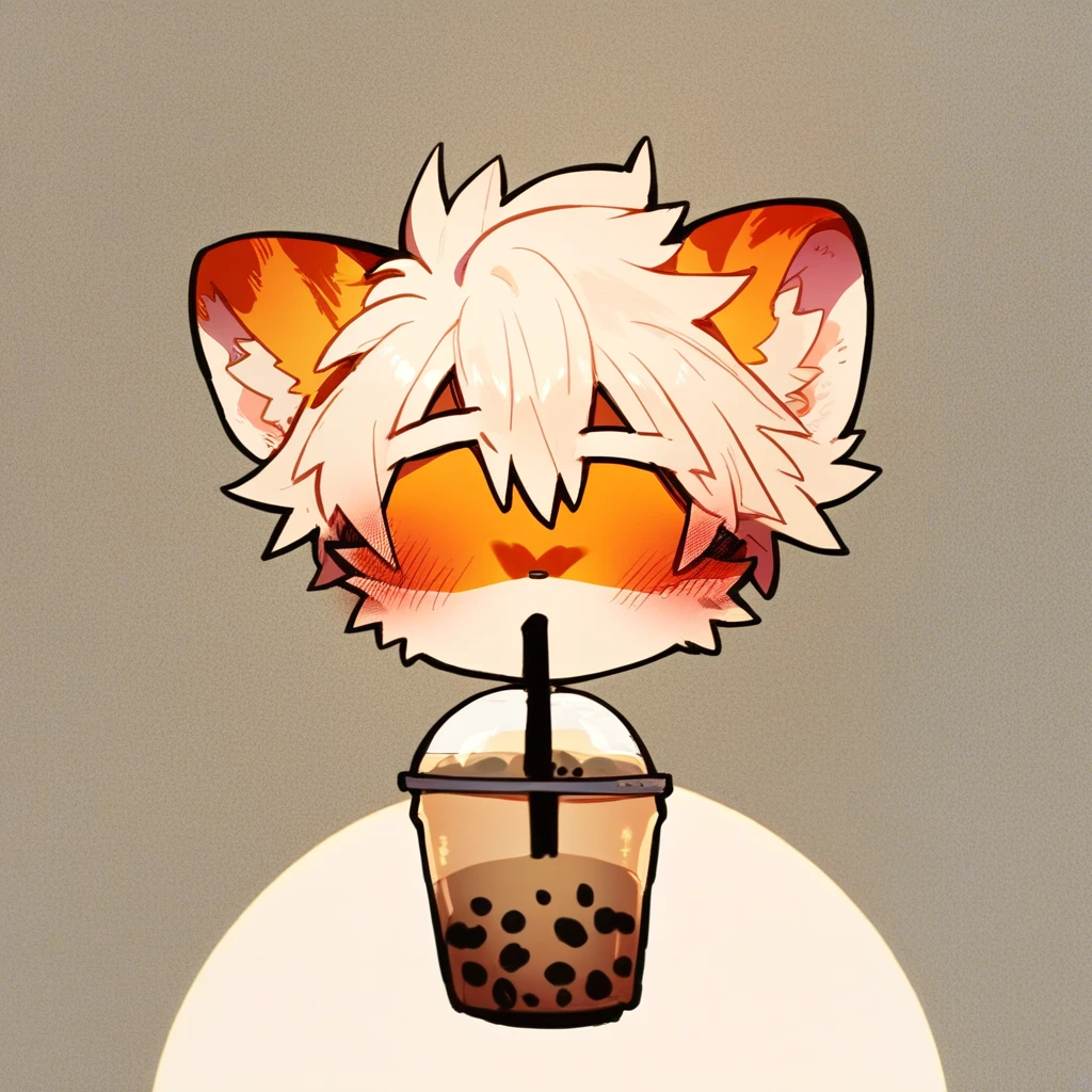 score_9, score_8_up, score_7_up, score_6_up, mikus-pfp, no eyes, simple background, milkytiger, tiger ears, tiger tail, blush, holding, bubble tea,