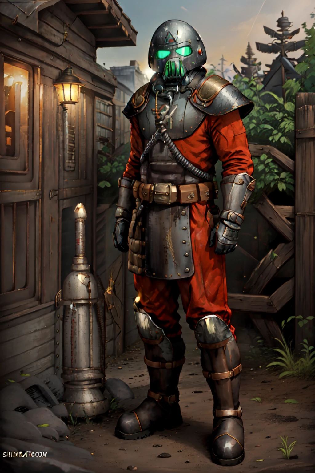 masterpiece,best quality,1boy,desolatorra2,<lora:DesolatorRA215:0.74>,standing,mask,gas mask,helmet,armor,full armor,full body, boots,outdoors,farm,hands on hips, fcDetailPortrait